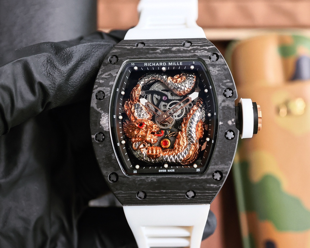 Richard Mille RM 57-03 Dragon - Themed Skeleton Automatic Watch (NTPT Carbon Case, White Rubber Strap)