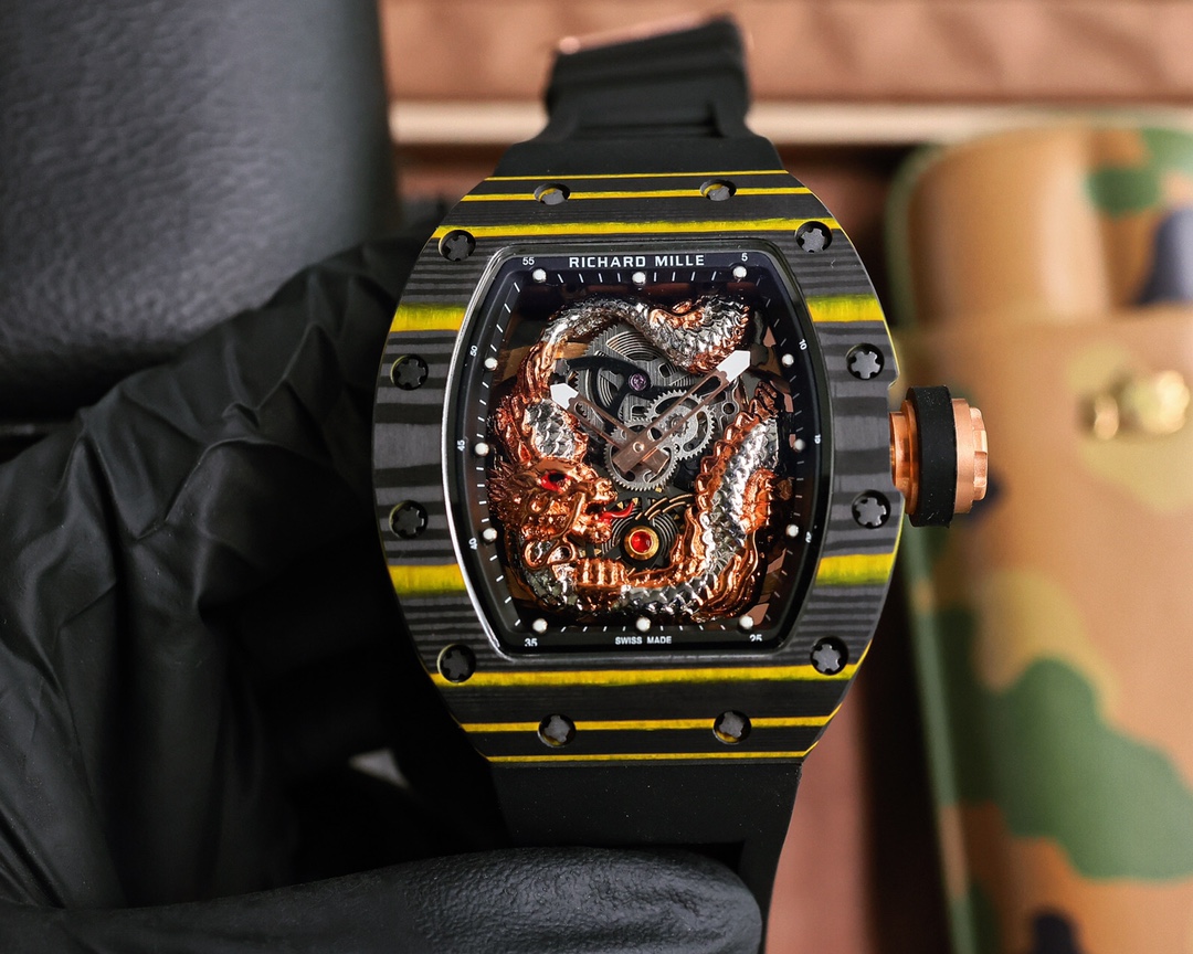 Richard Mille RM 57-03 Dragon - Themed Skeleton Automatic Watch (NTPT Carbon Case, Black Rubber Strap)