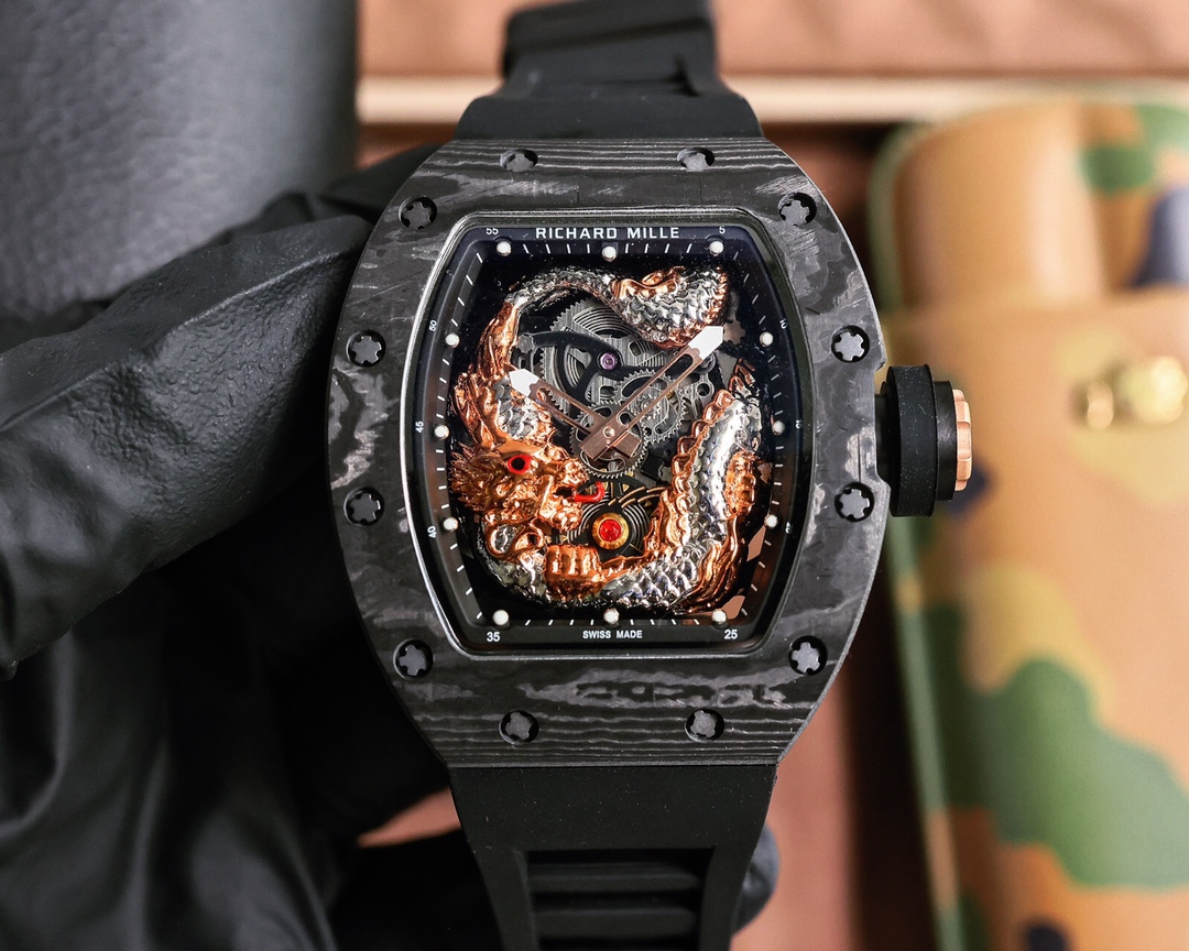 Richard Mille RM 57-03 Dragon - Themed Skeleton Automatic Watch (NTPT Carbon Case, Black Rubber Strap)
