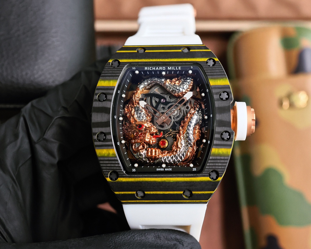 Richard Mille RM 57-03 Dragon - Themed Skeleton Automatic Watch (NTPT Carbon Case, White Rubber Strap)