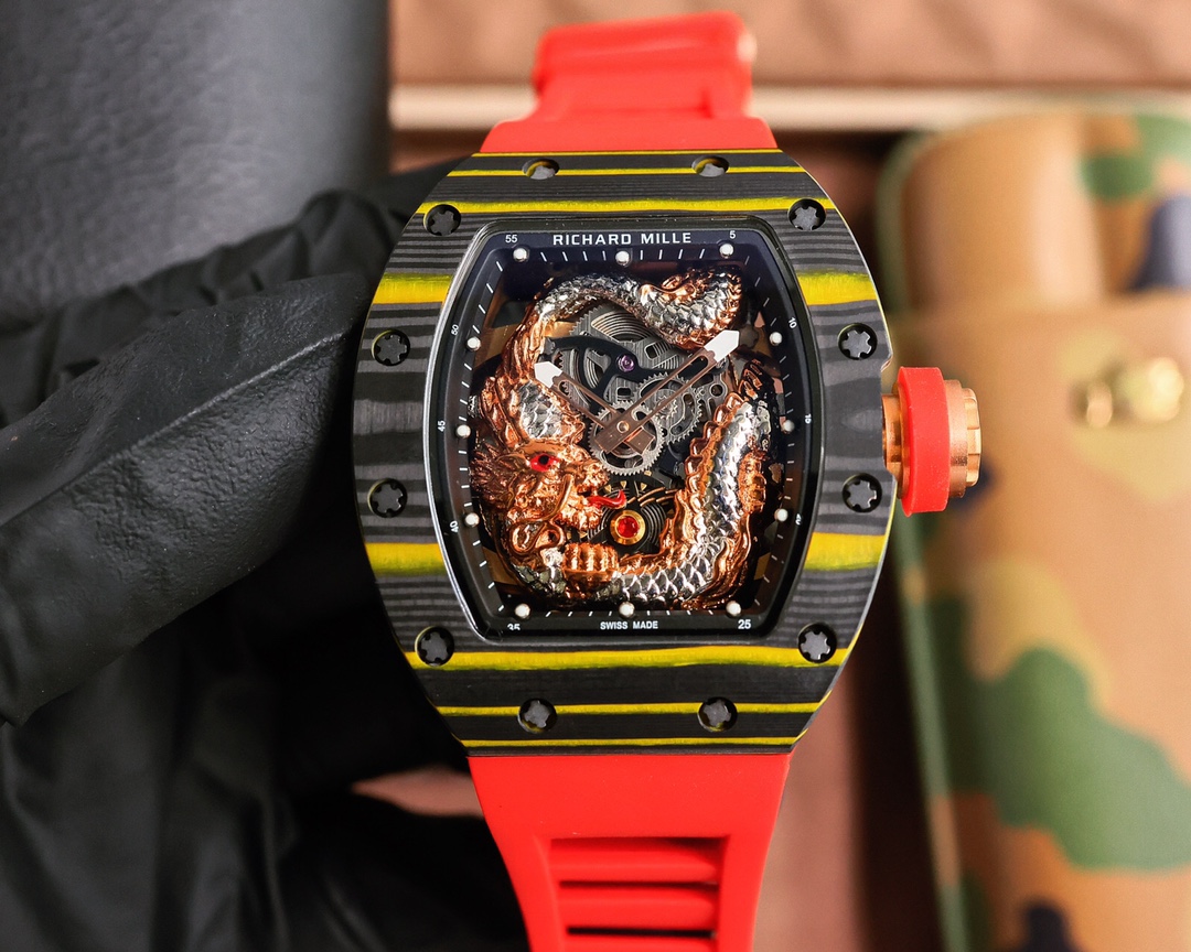 Richard Mille RM 57-03 Dragon - Themed Skeleton Automatic Watch (NTPT Carbon Case, Red Rubber Strap)