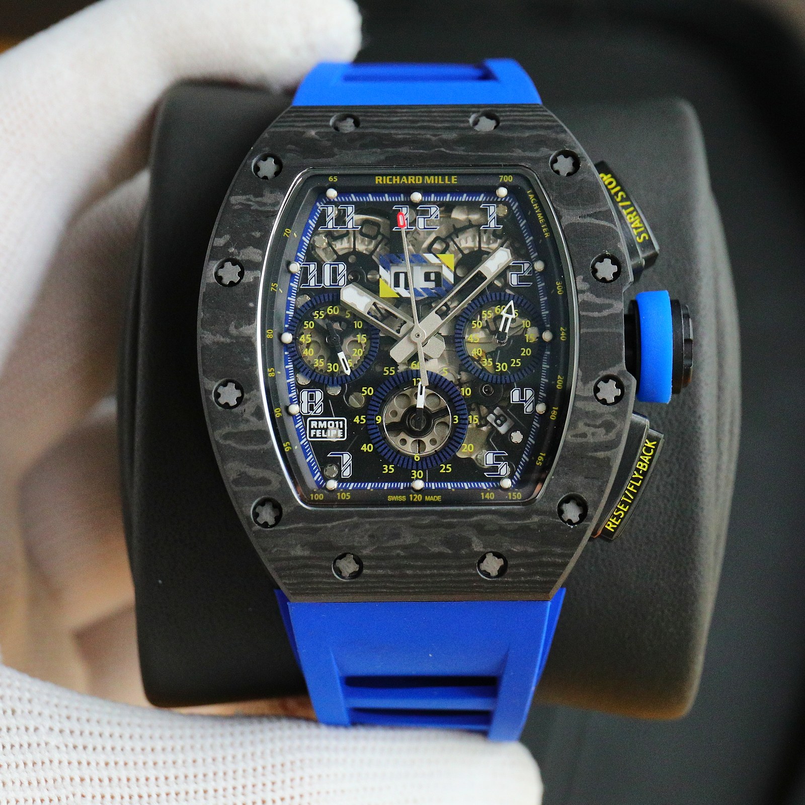 Richard Mille RM11-03 Automatic Chronograph Watch (NTPT Carbon Case, Blue Rubber Strap)