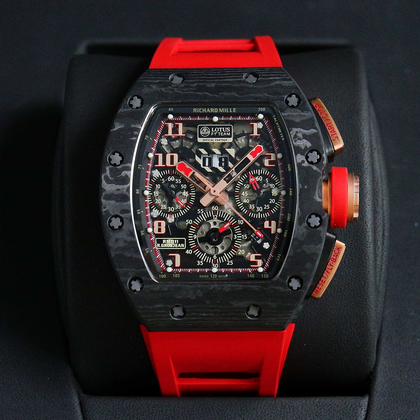 Richard Mille RM11 Lotus F1 Team Automatic Chronograph Watch (NTPT Carbon Case, Red Rubber Strap)