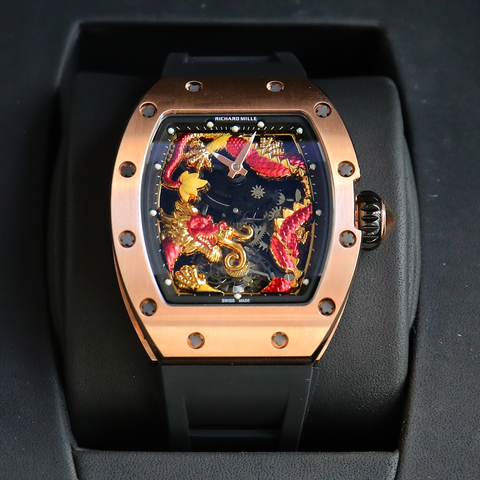 Richard Mille RM057 Special Edition Jackie Chan Dragon - Themed Skeleton Automatic Watch (18K Rose Gold Case, Black Rubber Strap)
