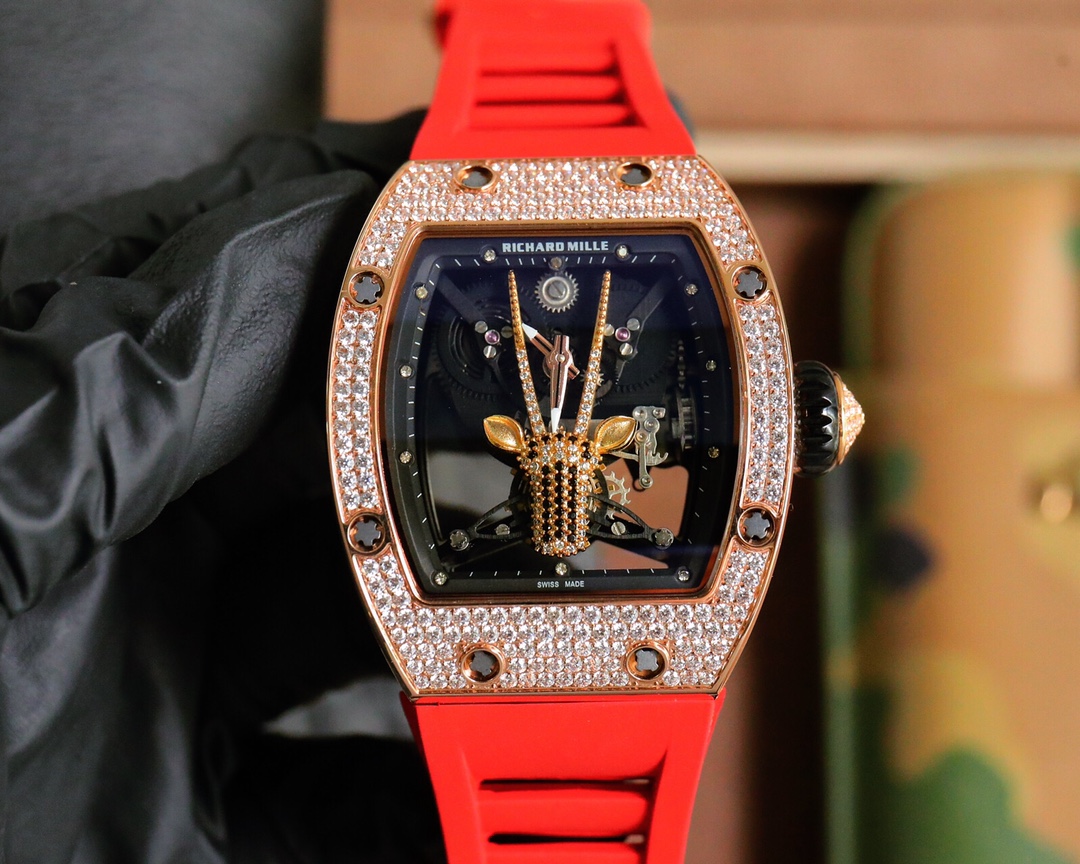 Richard Mille Diamond - Set Giraffe Skeleton Automatic Watch (18K Rose Gold Case, Red Rubber Strap)