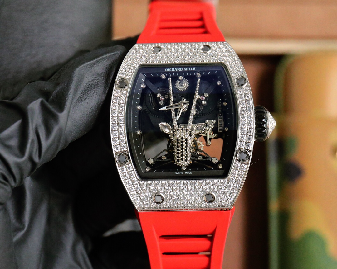 Richard Mille Diamond - Set Giraffe Skeleton Automatic Watch (Titanium Case, Red Rubber Strap)