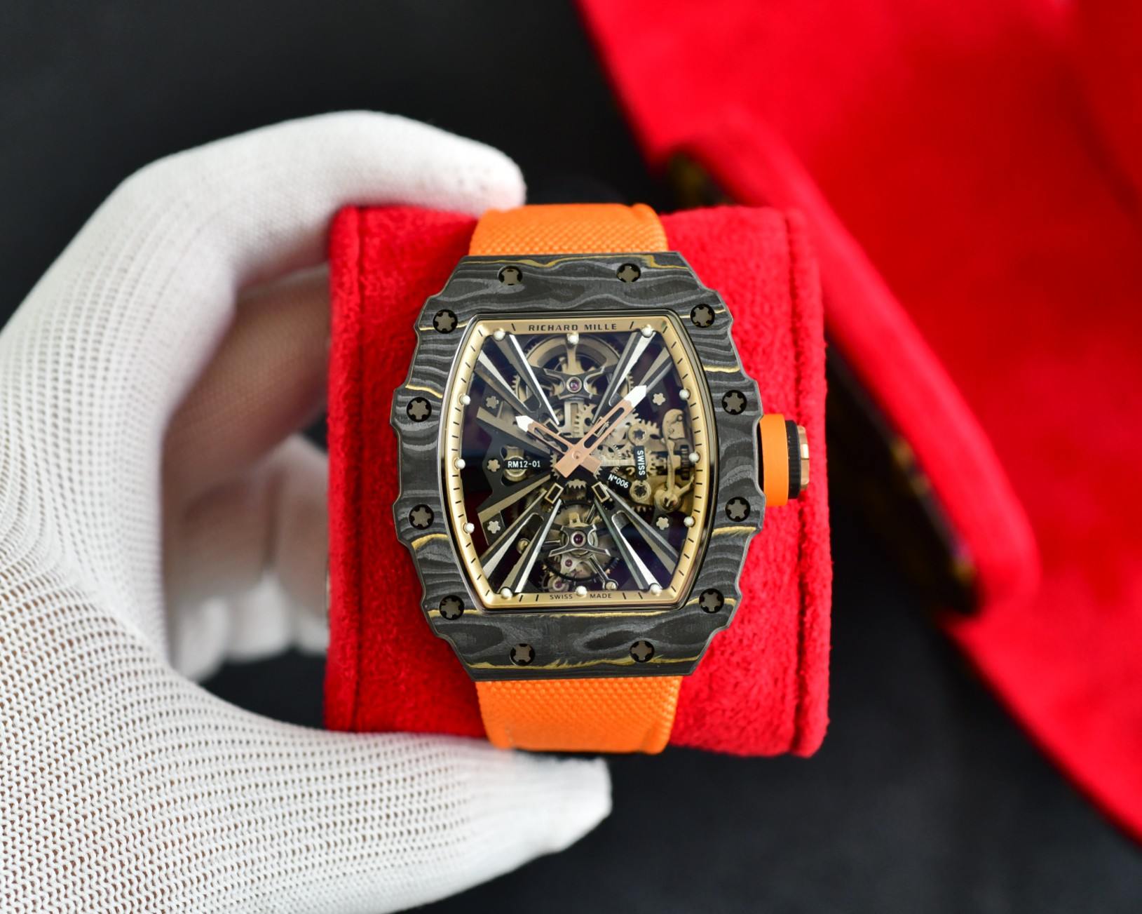 Richard Mille RM12-01 Automatic Tourbillon Watch (NTPT Carbon Case with Rose Gold Accents, Orange & Black Rubber Strap)