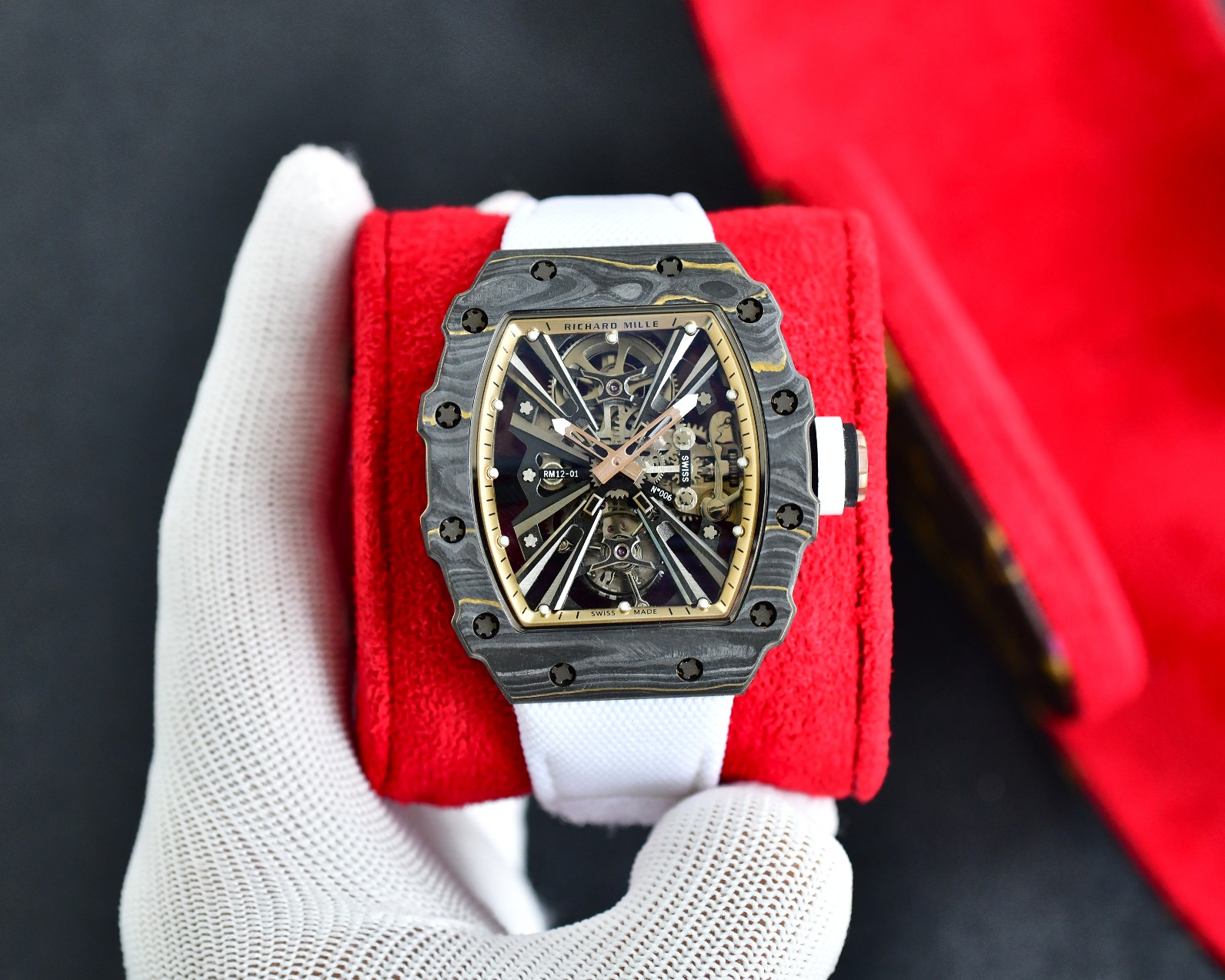 Richard Mille RM12-01 Automatic Tourbillon Watch (NTPT Carbon Case with Rose Gold Accents, White & Black Rubber Strap)