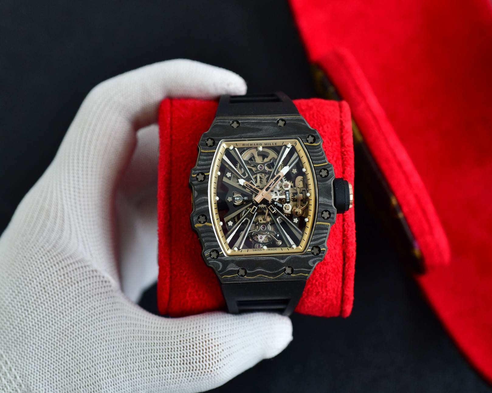 Richard Mille RM12-01 Automatic Tourbillon Watch (NTPT Carbon Case with Rose Gold Accents, Black Rubber Strap)