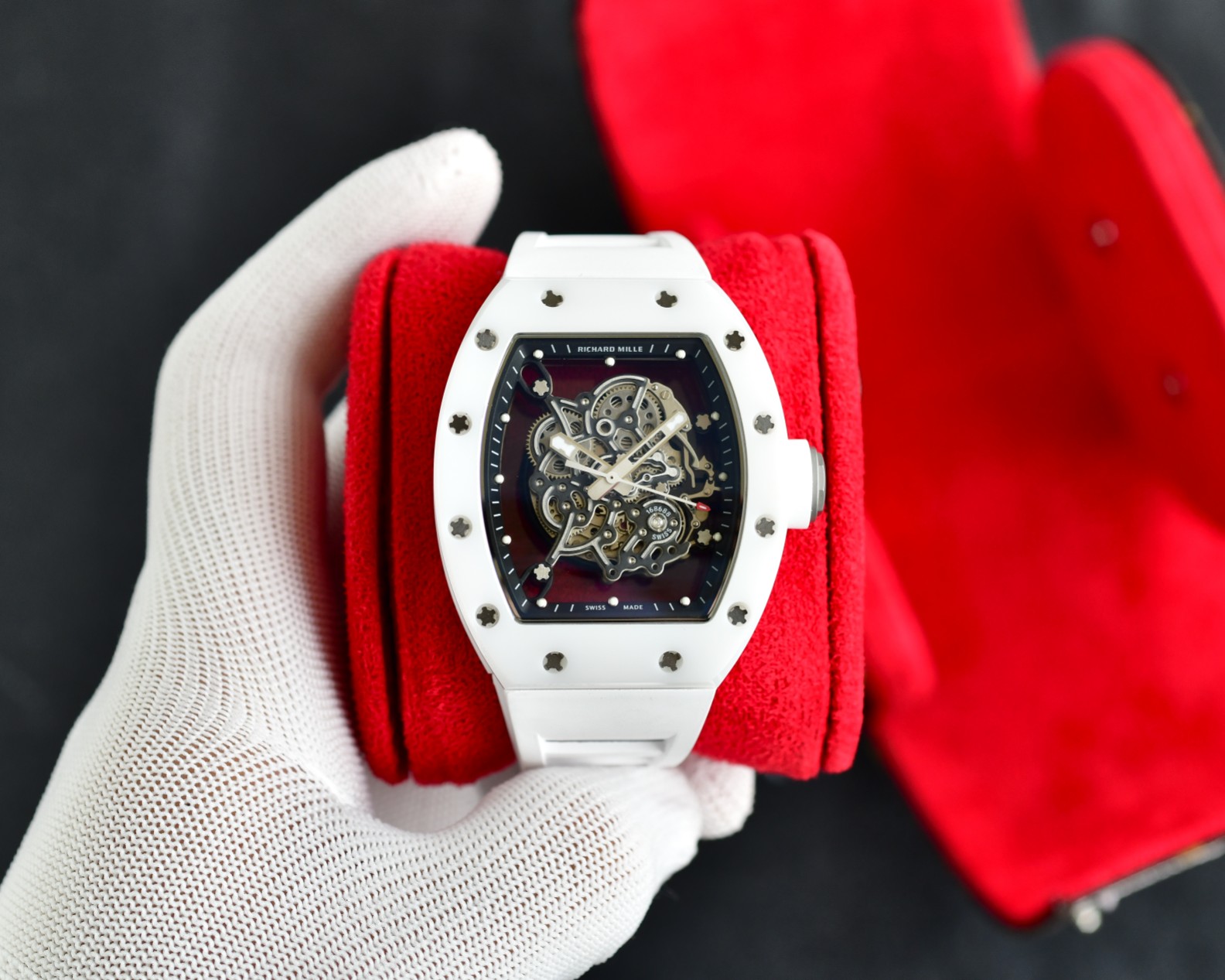 Richard Mille RM055 Bubba Watson Automatic Skeleton Tourbillon Watch (White Ceramic Case, White Rubber Strap)