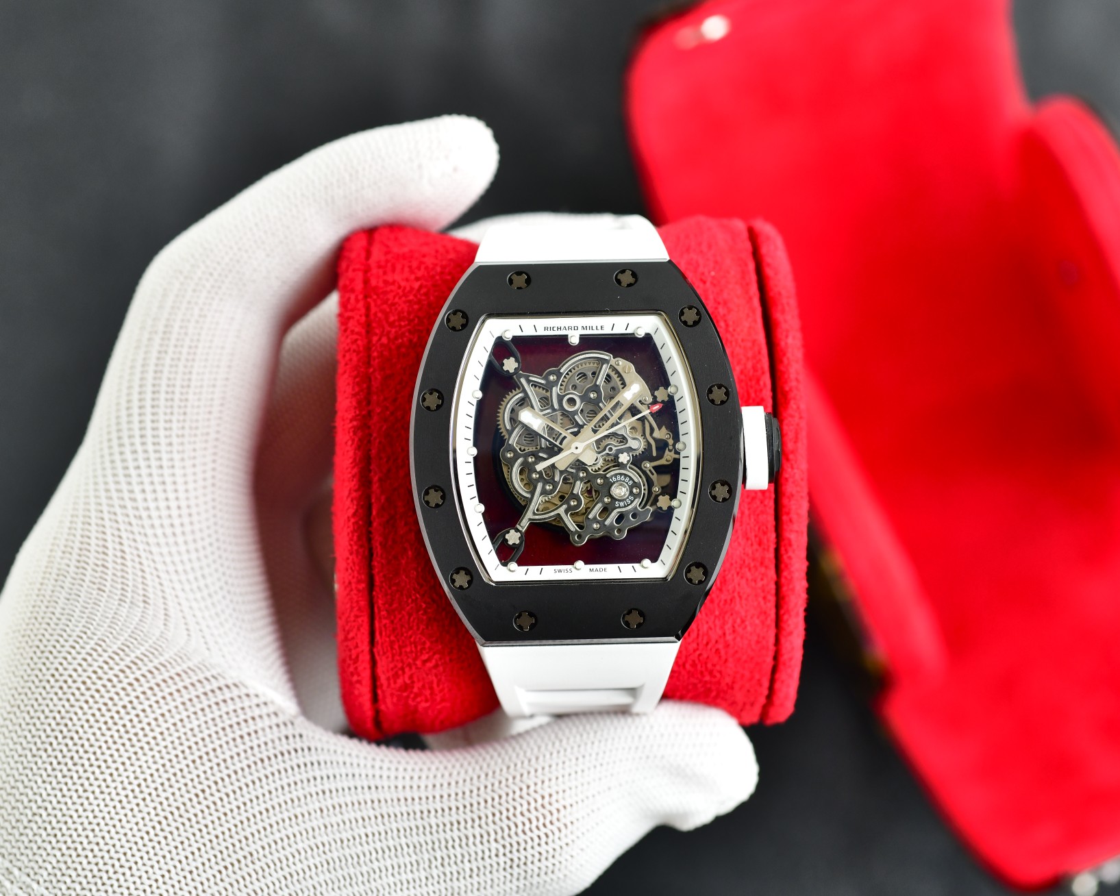 Richard Mille RM055 Automatic Skeleton Tourbillon Watch (Black Ceramic Case, White Rubber Strap)