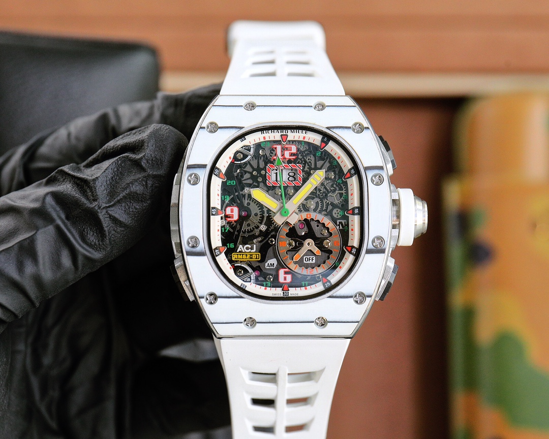 Richard Mille RM62-01 Automatic Flyback Chronograph Watch (Titanium Case, White Rubber Strap)