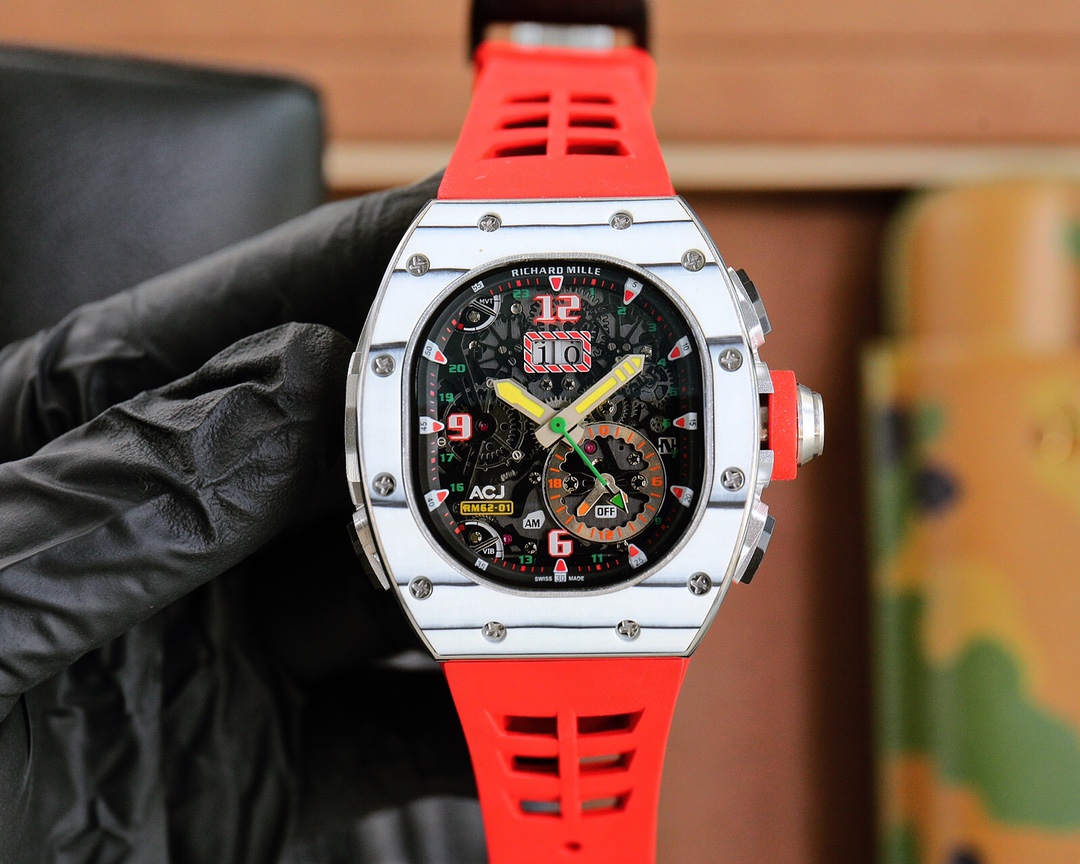 Richard Mille RM62-01 Automatic Flyback Chronograph Watch (Titanium Case, Red Rubber Strap)