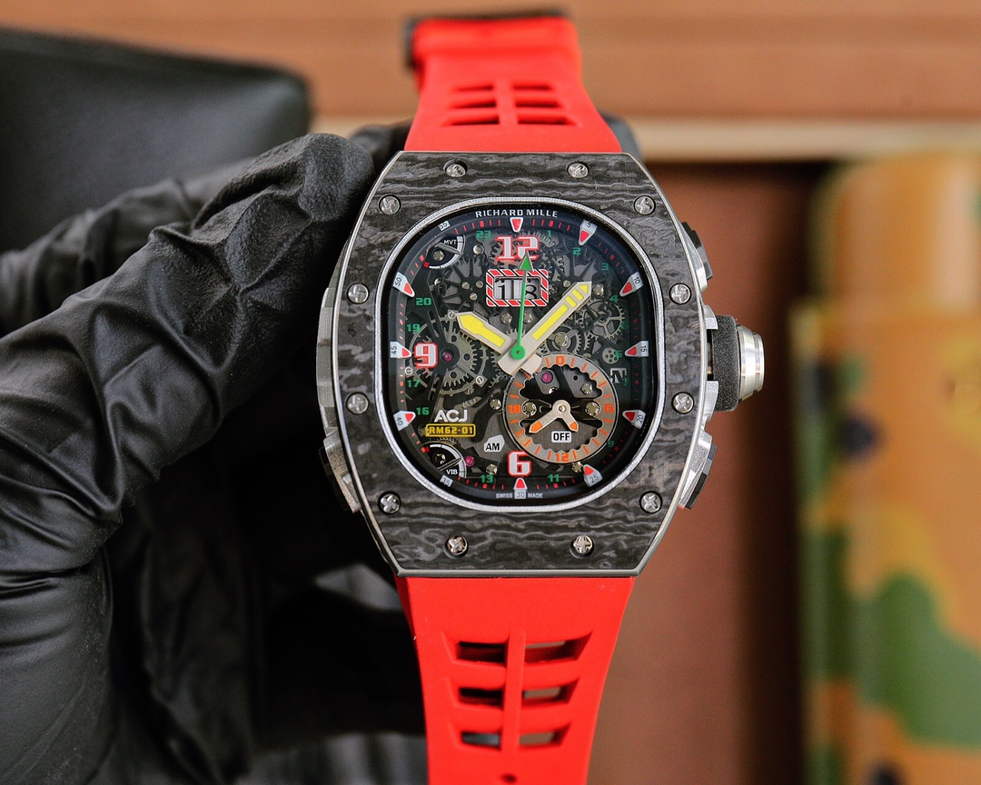 Richard Mille RM62-01 Automatic Flyback Chronograph Watch (NTPT Carbon Case, Red Rubber Strap)