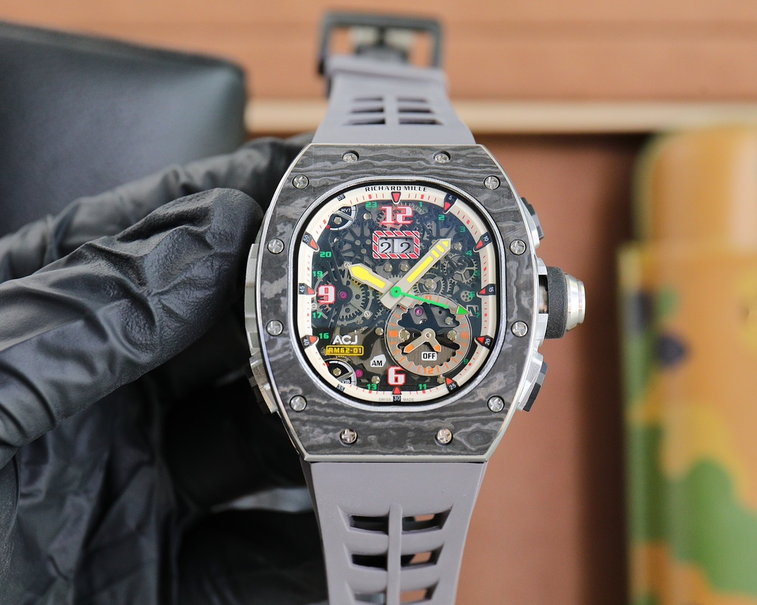 Richard Mille RM62-01 Automatic Flyback Chronograph Watch (NTPT Carbon Case, Grey Rubber Strap)
