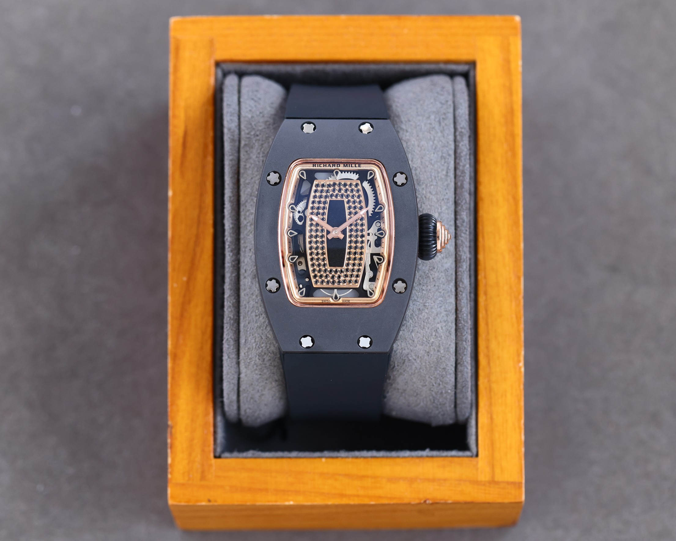 Richard Mille RM 07-01 Automatic Diamond - Set Watch (NTPT Carbon & 18K Rose Gold Case, Black Rubber Strap)