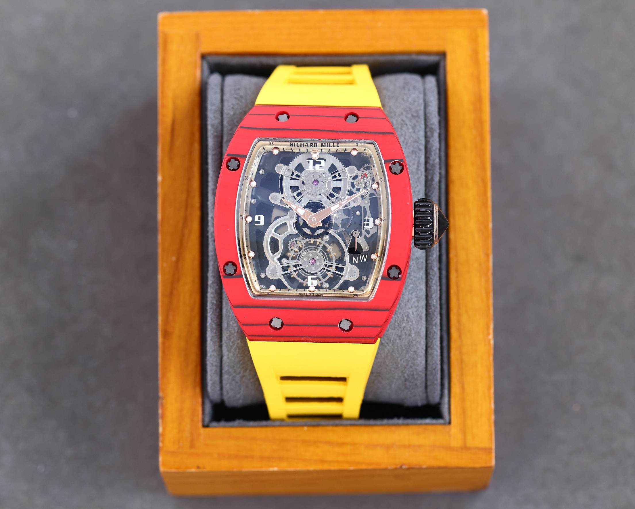 Richard Mille RM017-01 Tourbillon Automatic Skeleton Watch (Red Ceramic Case, Yellow Rubber Strap)