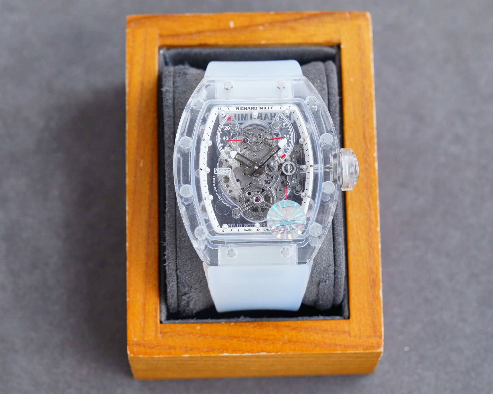 Richard Mille RM056-01 Tourbillon Automatic Skeleton Watch (Transparent Composite Case, White Rubber Strap)