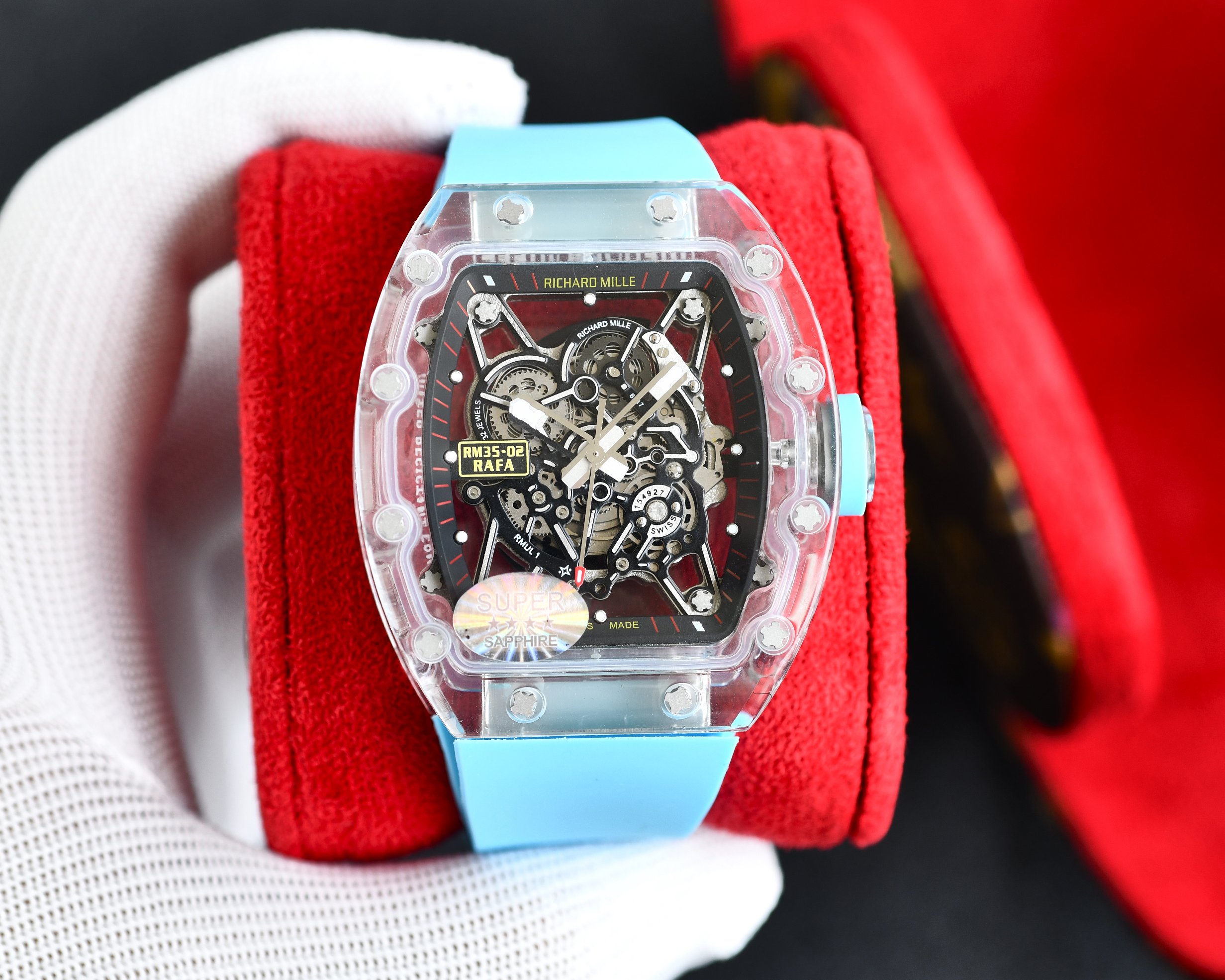 Richard Mille RM 35-02 RAFA Automatic Skeleton Watch (Transparent Composite Case, Blue Rubber Strap)