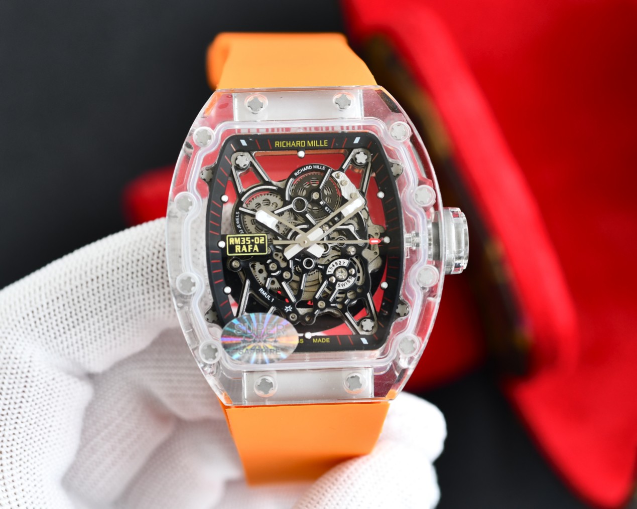 Richard Mille RM 35-02 RAFA Automatic Skeleton Watch (Transparent Composite Case, Orange Rubber Strap)