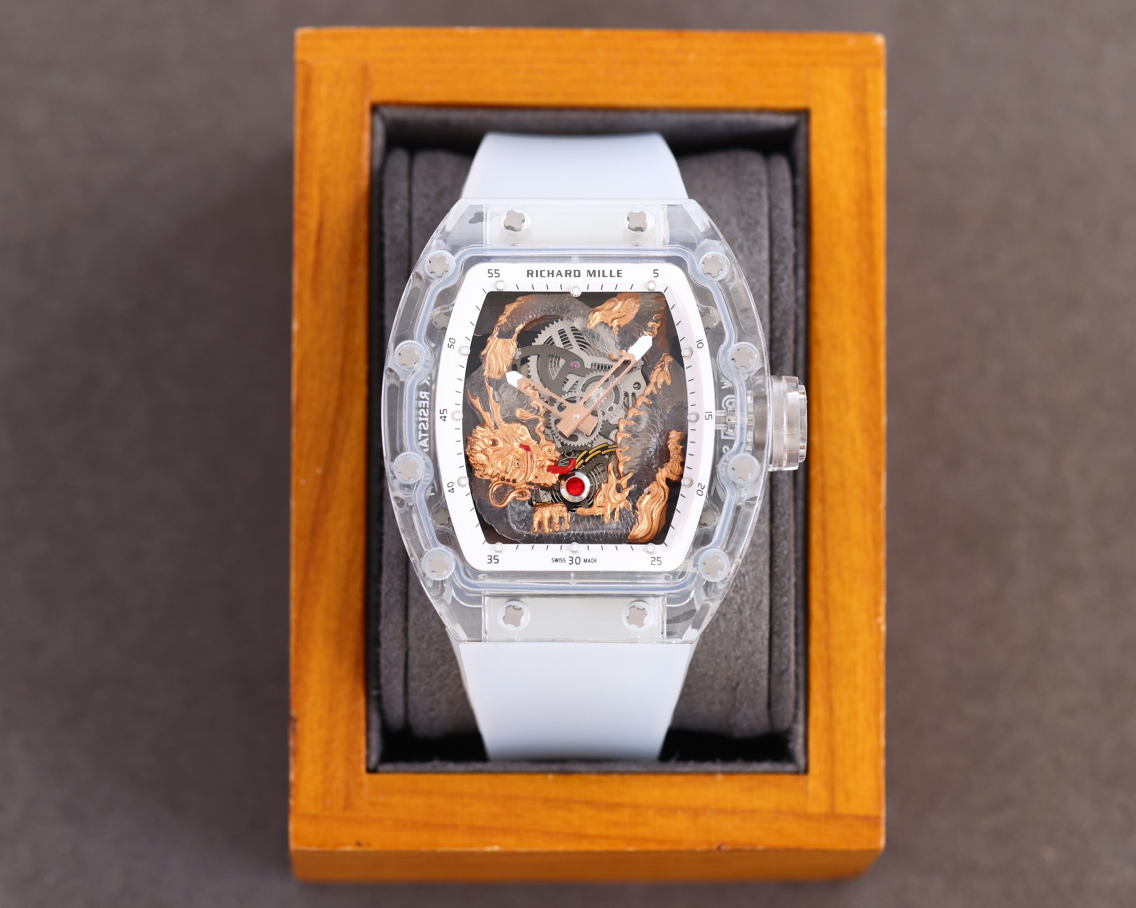 Richard Mille RM57-03 Artistic Dragon Skeleton Automatic Watch (Transparent Composite Case, White Rubber Strap)