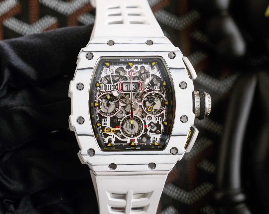 Richard Mille RM 011 Automatic Chronograph Watch (White Ceramic Case, White Rubber Strap)