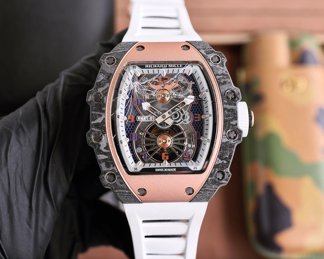 Richard Mille RM 21-02 Tourbillon Watch (NTPT Carbon & 18K Rose Gold Case, White Rubber Strap)