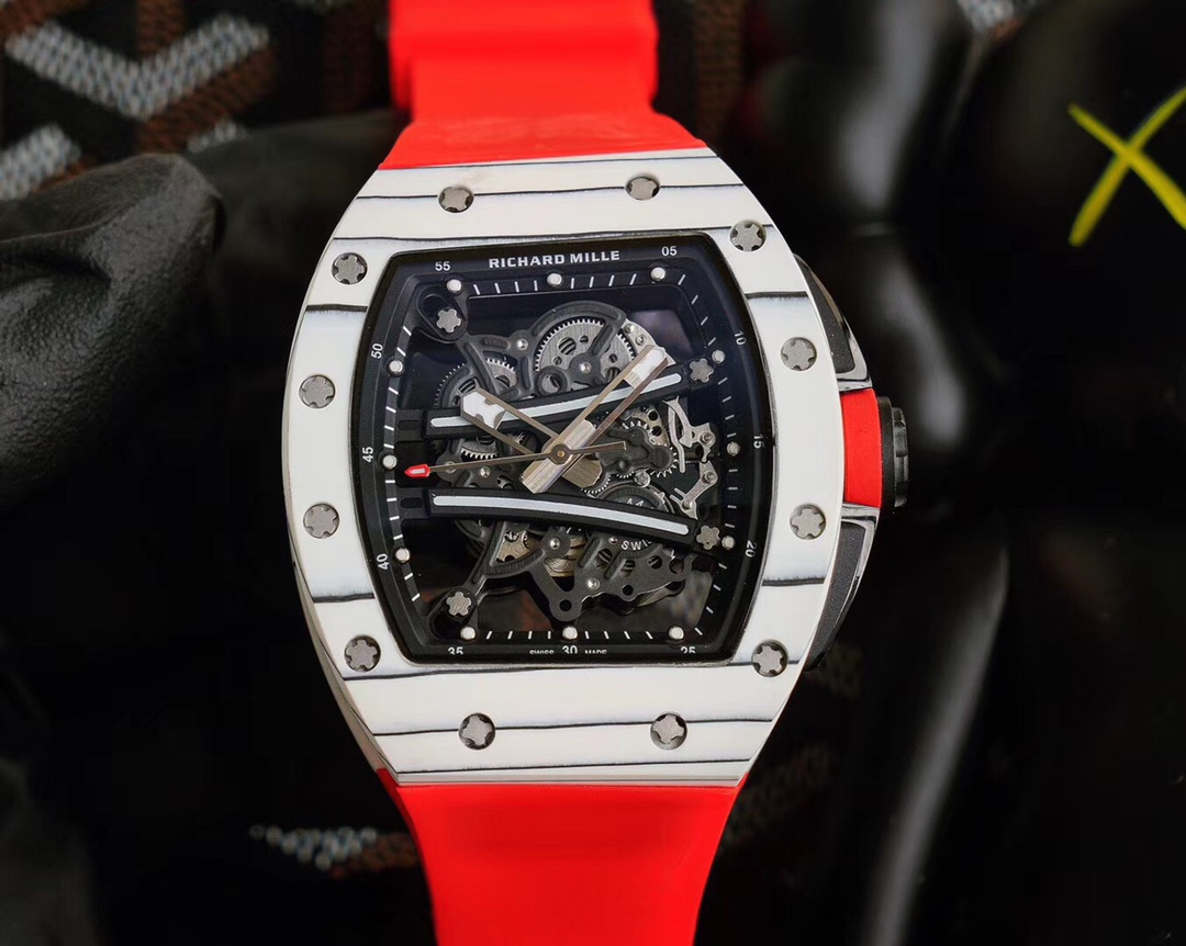 Richard Mille RM010 Automatic Skeleton Watch (White Ceramic - Red Accent Case, Red Rubber Strap)