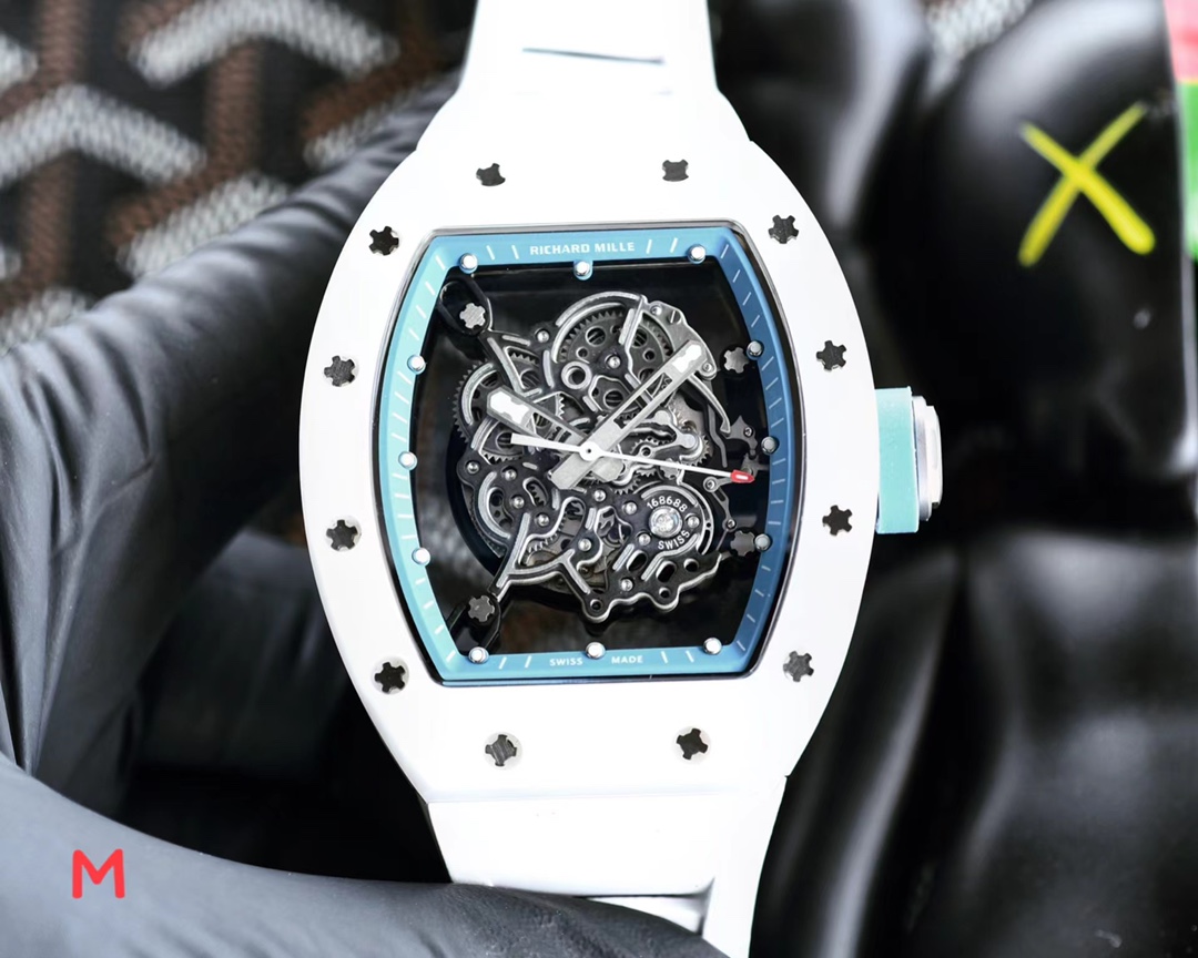 Richard Mille Automatic Skeleton Watch (White Ceramic Case with Blue Bezel, White Rubber Strap)