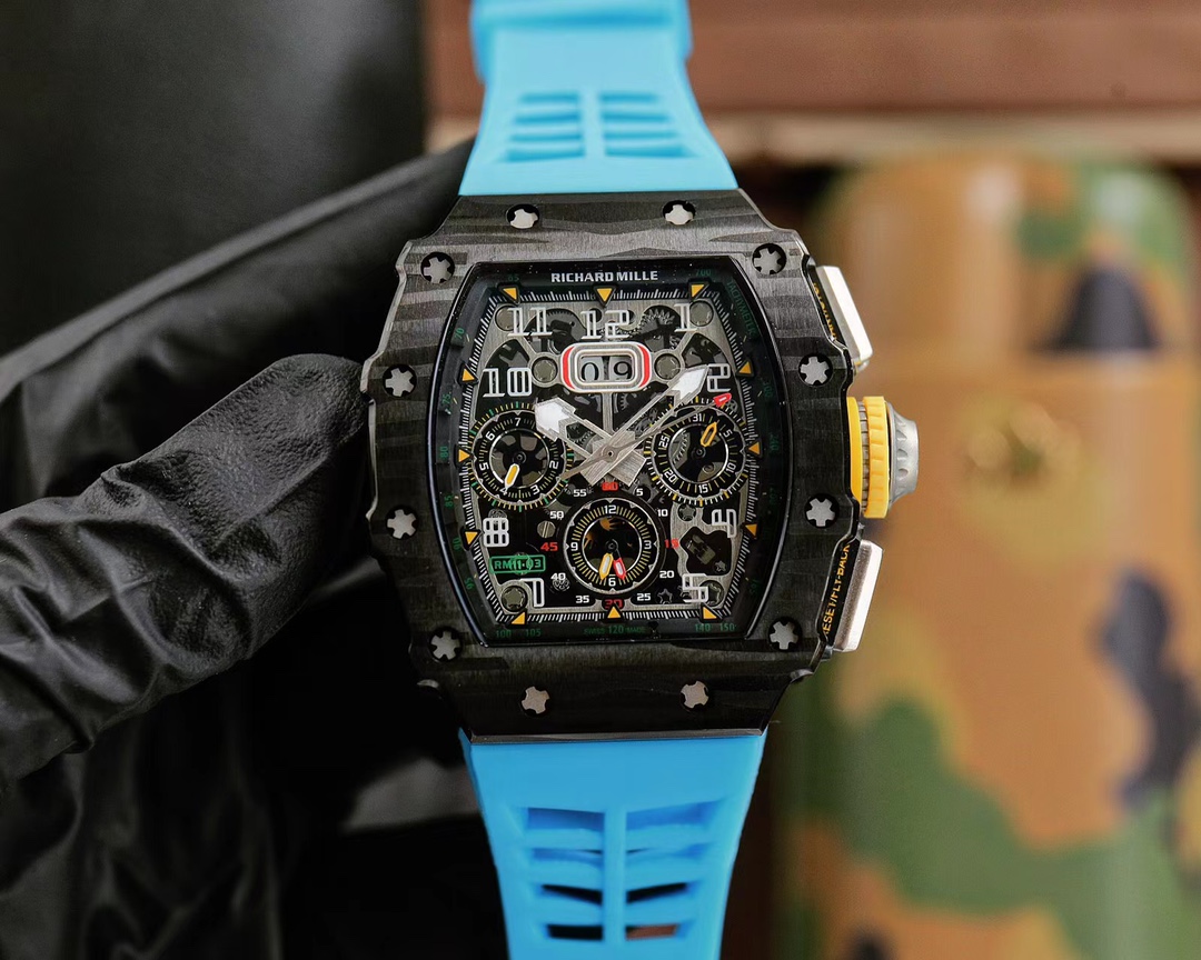 Richard Mille RM 11-03 Chronograph Watch (NTPT Carbon Case, Light Blue Rubber Strap)