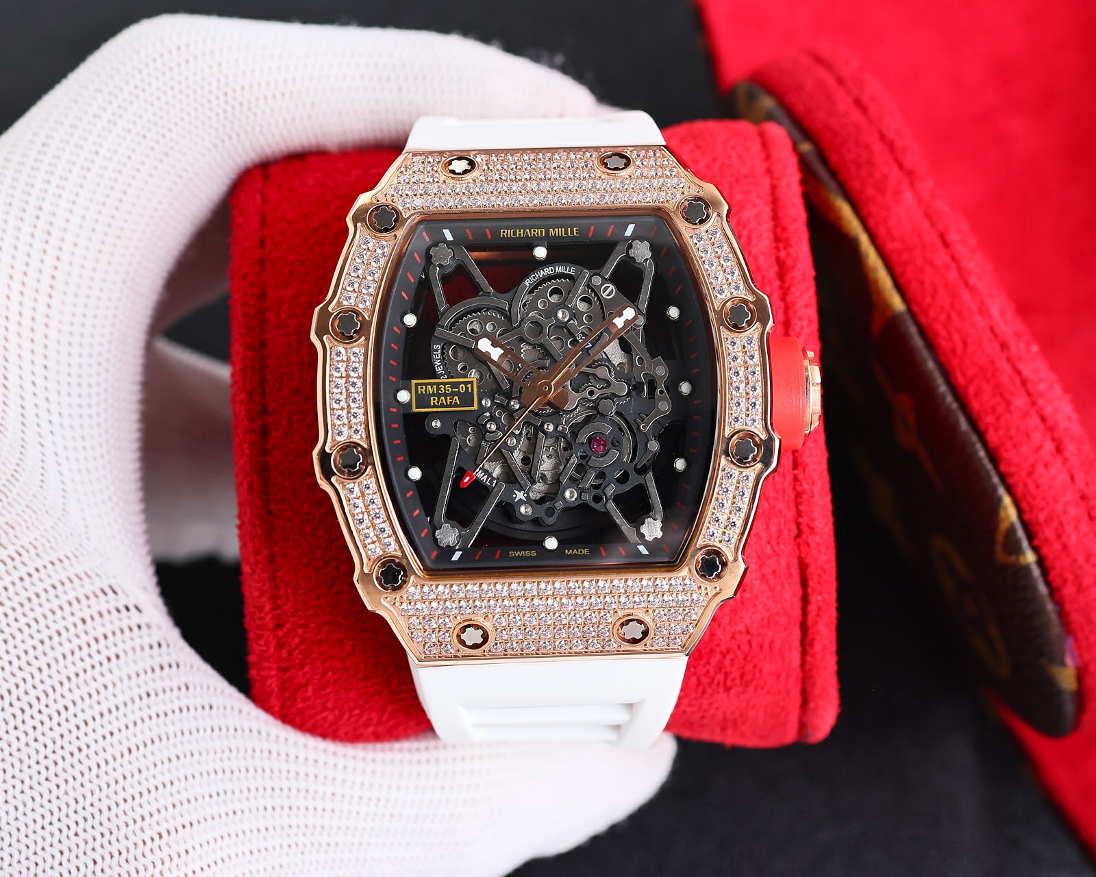 Richard Mille RM 35-01 RAFA Automatic Skeleton Watch (18K Rose Gold Case with Diamond-Set Bezel, White Rubber Strap)