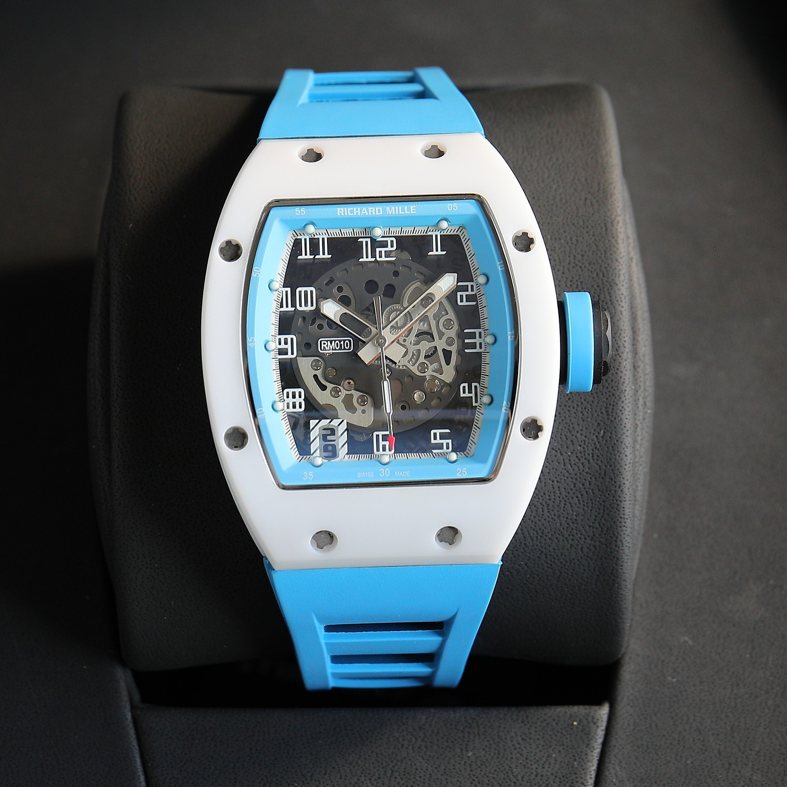 Richard Mille RM 010 Skeleton Automatic Watch (White Ceramic Case, Blue Rubber Strap)