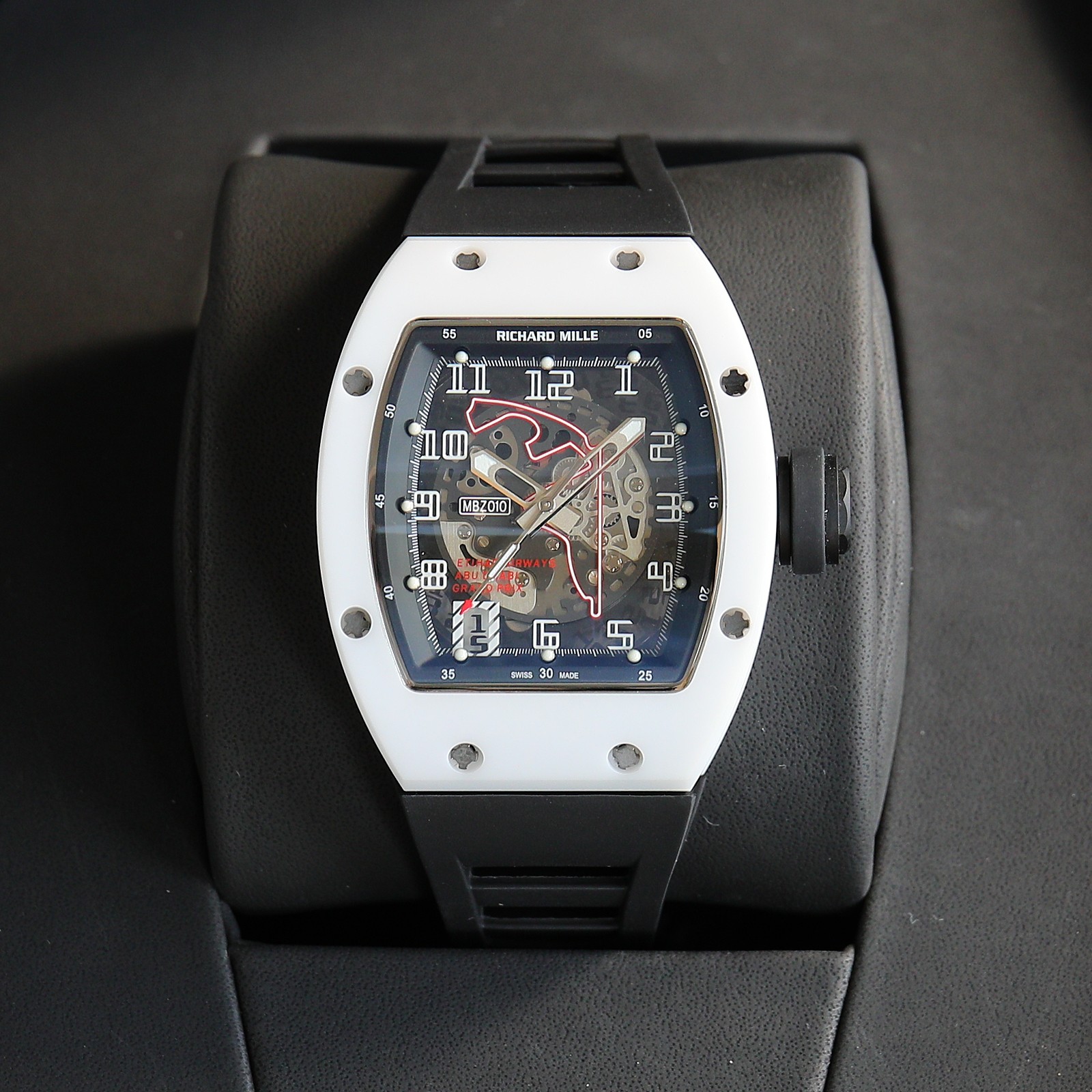 Richard Mille RM 010 Skeleton Automatic Watch (White Ceramic Case, Black Rubber Strap, Red Motif & MB Z010 Marking)
