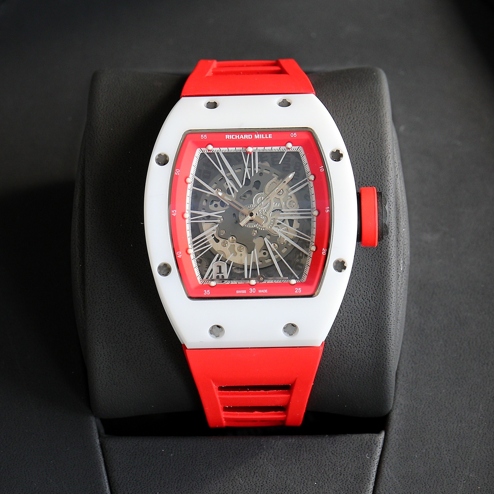 Richard Mille RM 055 Skeleton Automatic Watch (White & Red Ceramic Case, Red Rubber Strap)
