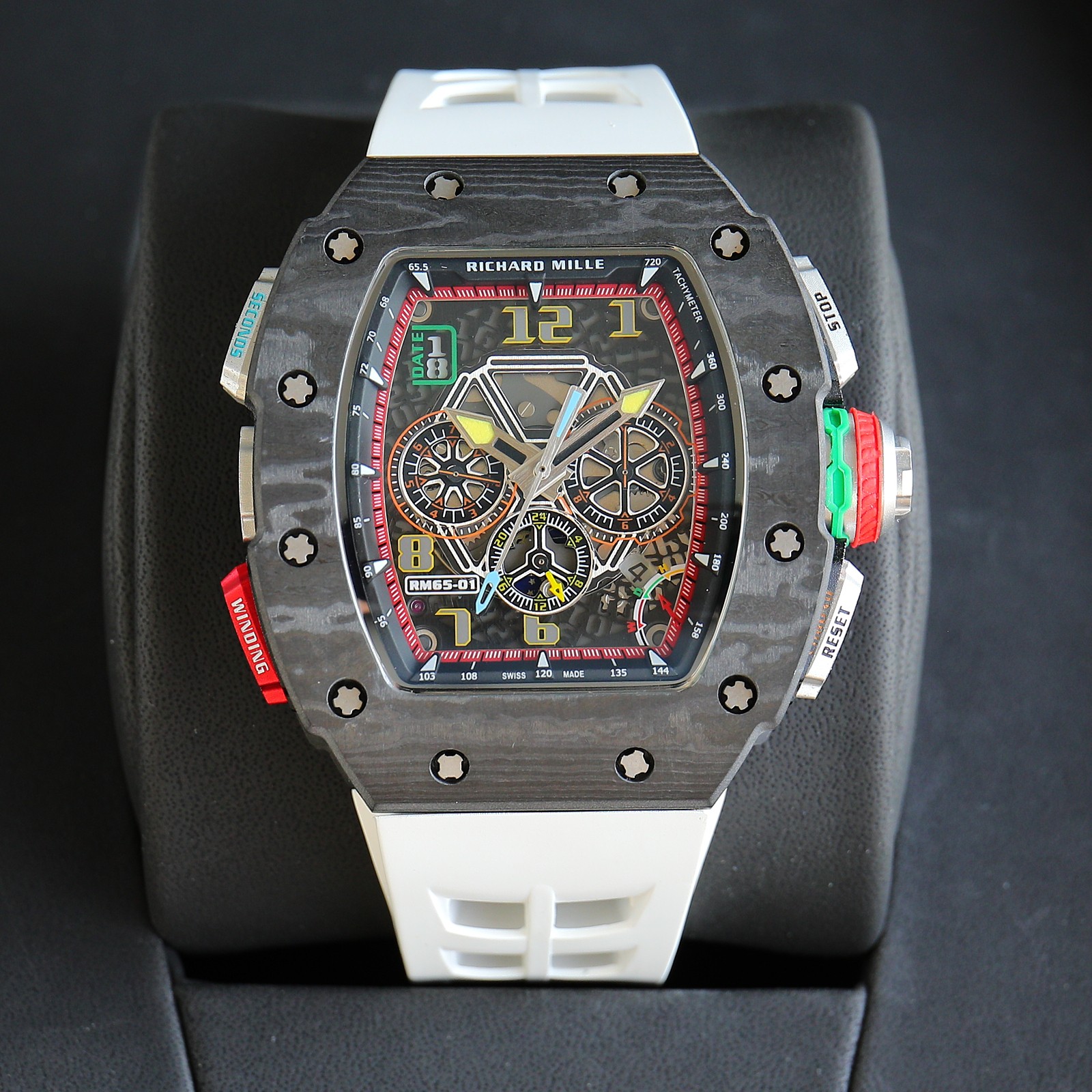 Richard Mille RM 65-01 Chronograph Watch (NTPT Carbon Case, White Rubber Strap)
