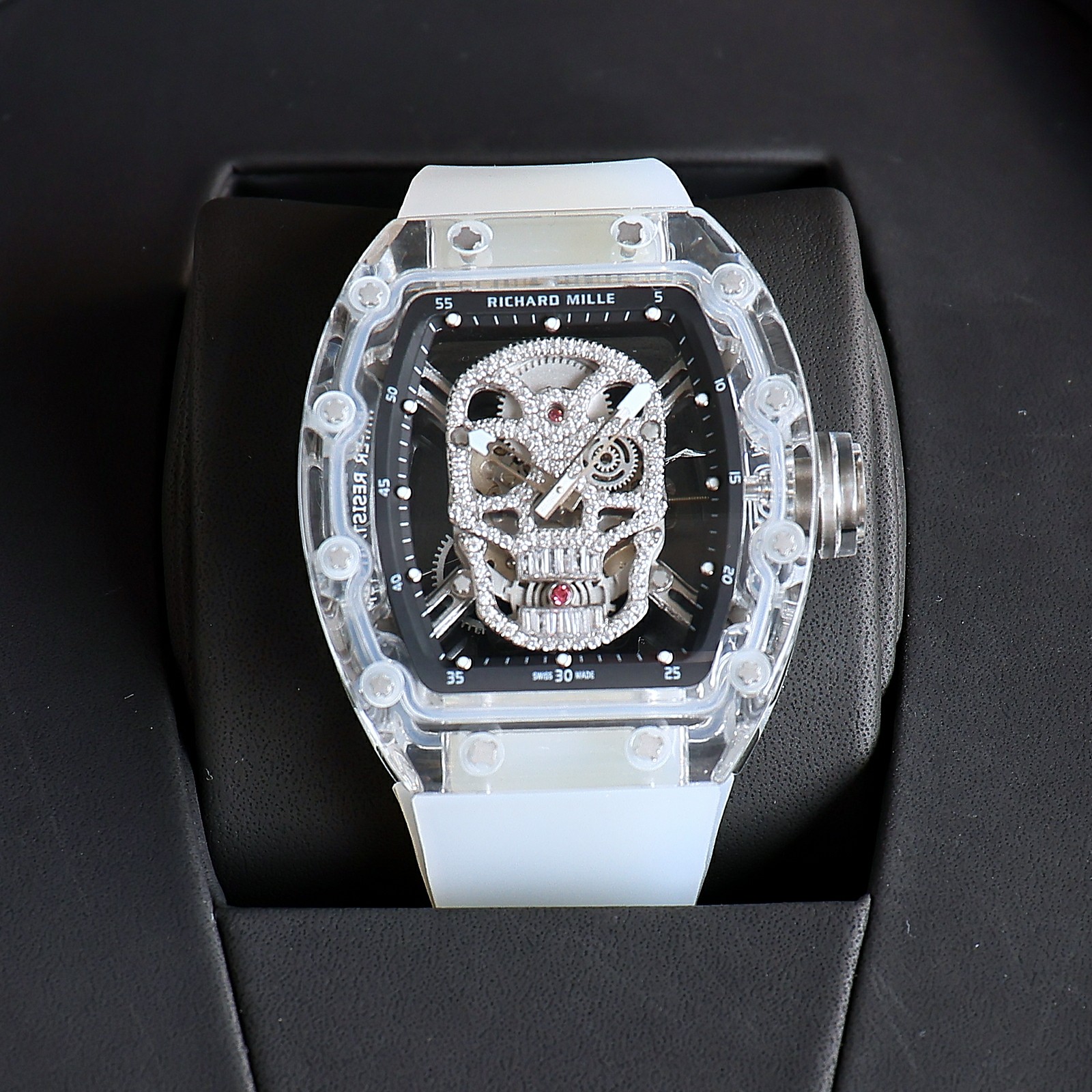 Richard Mille RM 52 - 01 Diamond - Skull Tourbillon Watch (Transparent Sapphire Composite Case, White Rubber Strap)