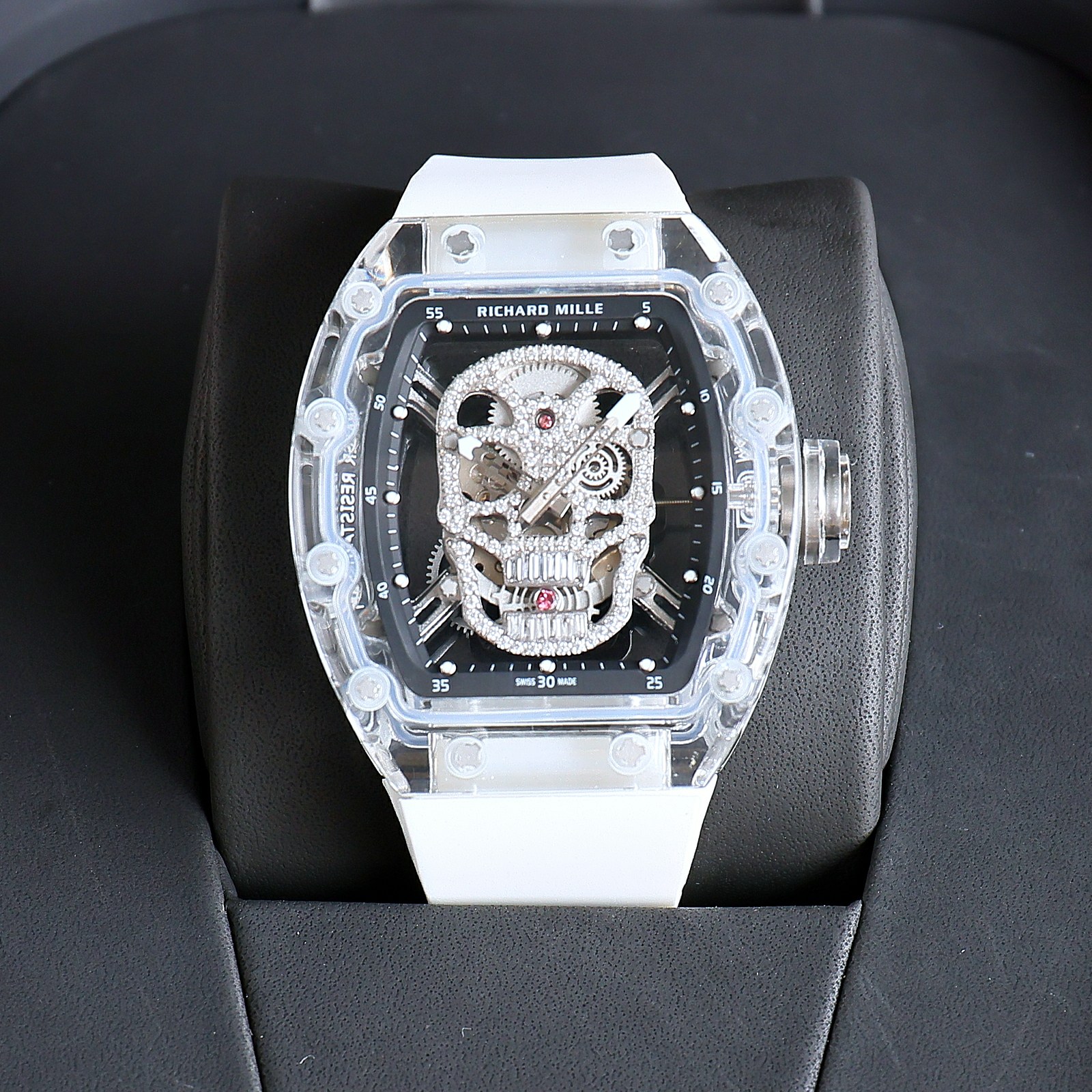 Richard Mille RM 52 - 01 Diamond - Skull Tourbillon Watch (Transparent Sapphire Case, White Rubber Strap)