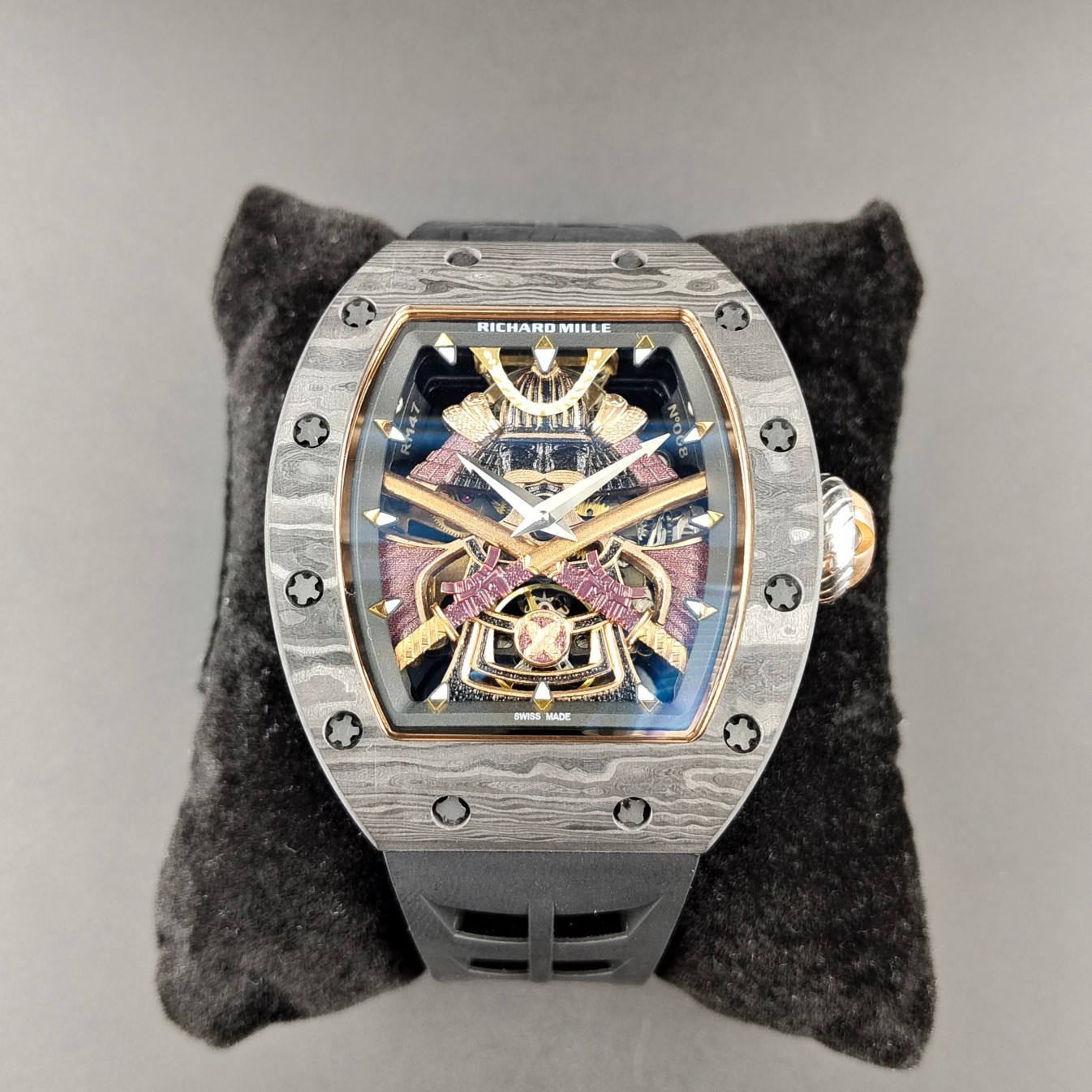 Richard Mille Samurai - Themed Tourbillon Watch (Damascus Steel Case, Black Rubber Strap)
