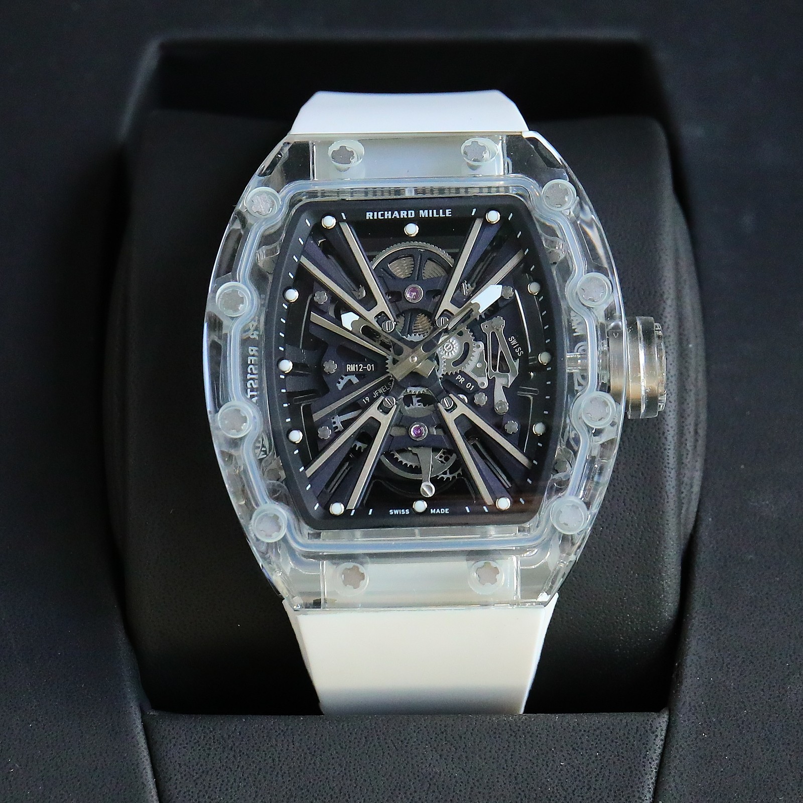 Richard Mille RM12 - 01 Tourbillon Watch (Transparent Sapphire - Composite Case, White Rubber Strap)