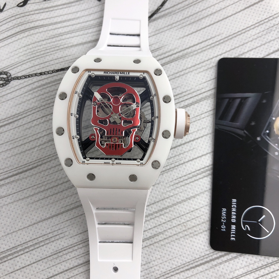 Richard Mille RM52 - 01 Skull Tourbillon Watch (White Ceramic Case, White Rubber Strap)