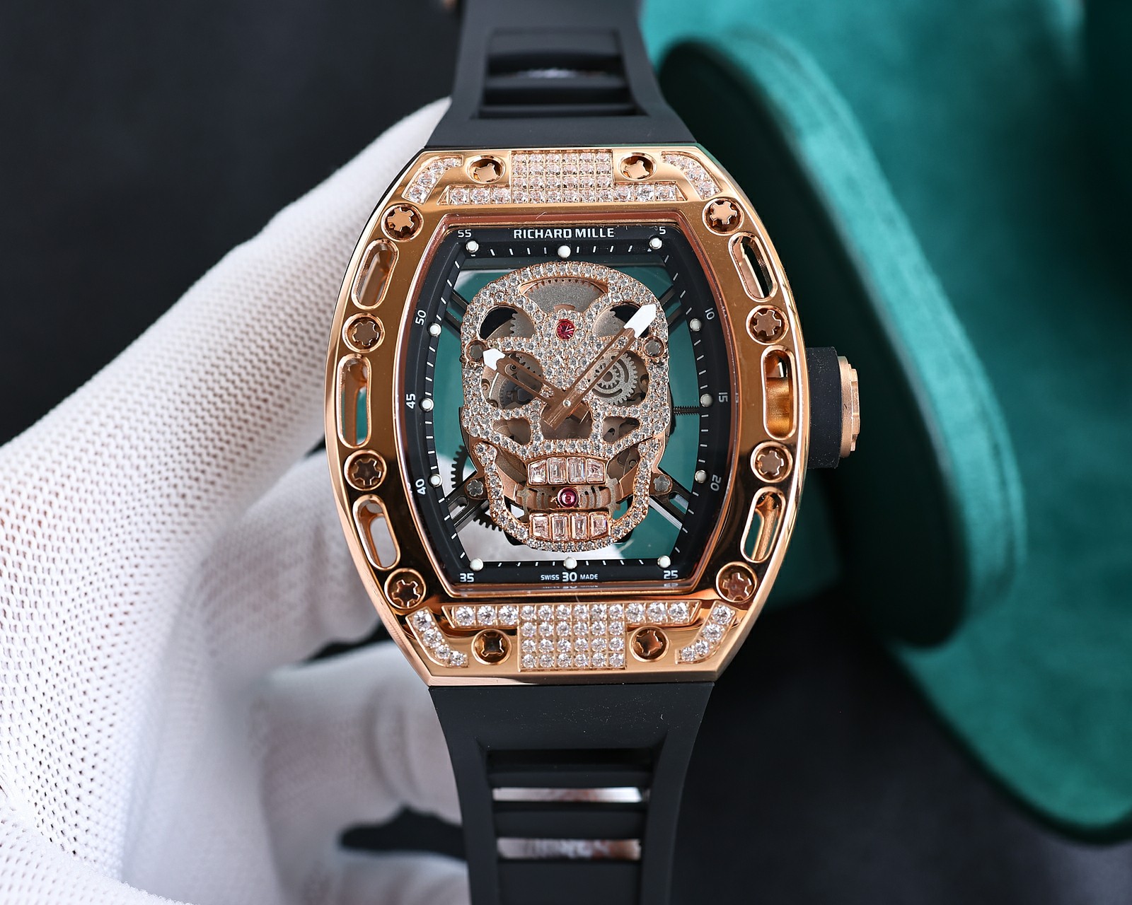 Richard Mille Diamond - Encrusted Skull Tourbillon Watch (18K Rose Gold Case, Black Rubber Strap)
