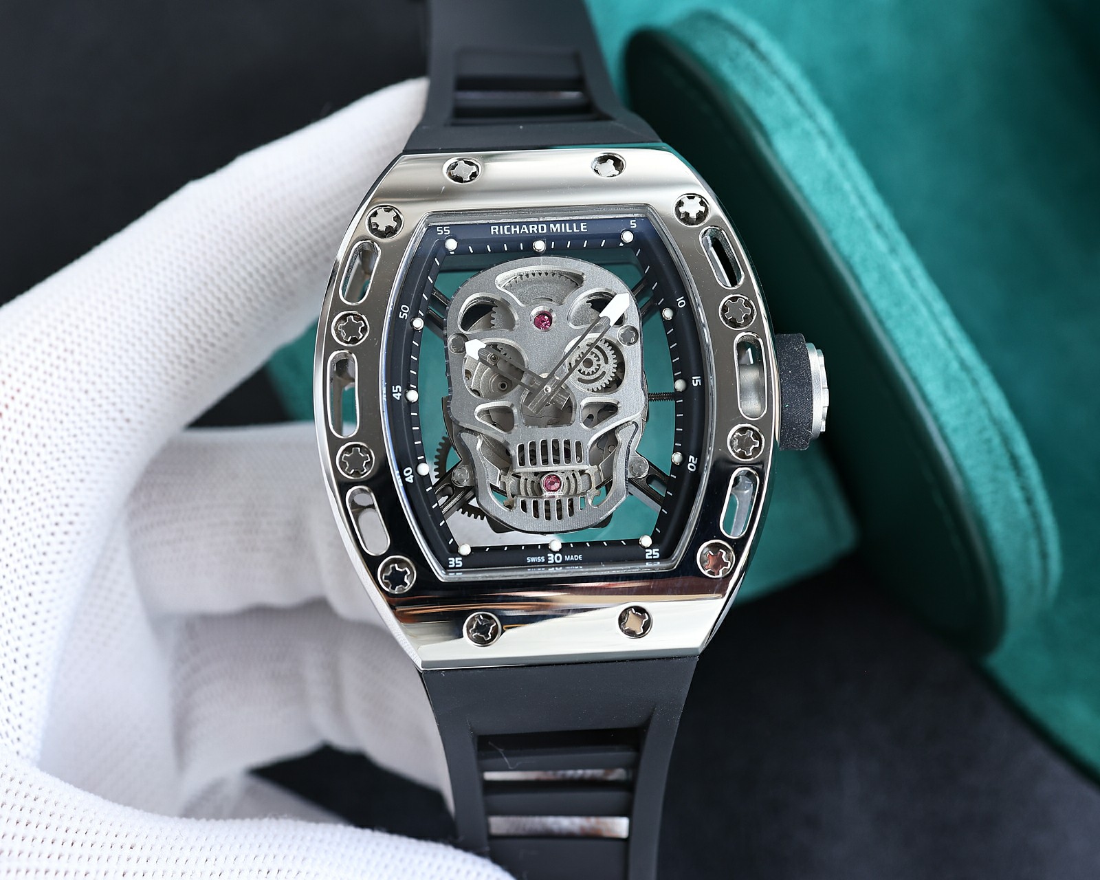 Richard Mille Skull Skeleton Tourbillon Watch (Titanium Case, Black Rubber Strap)