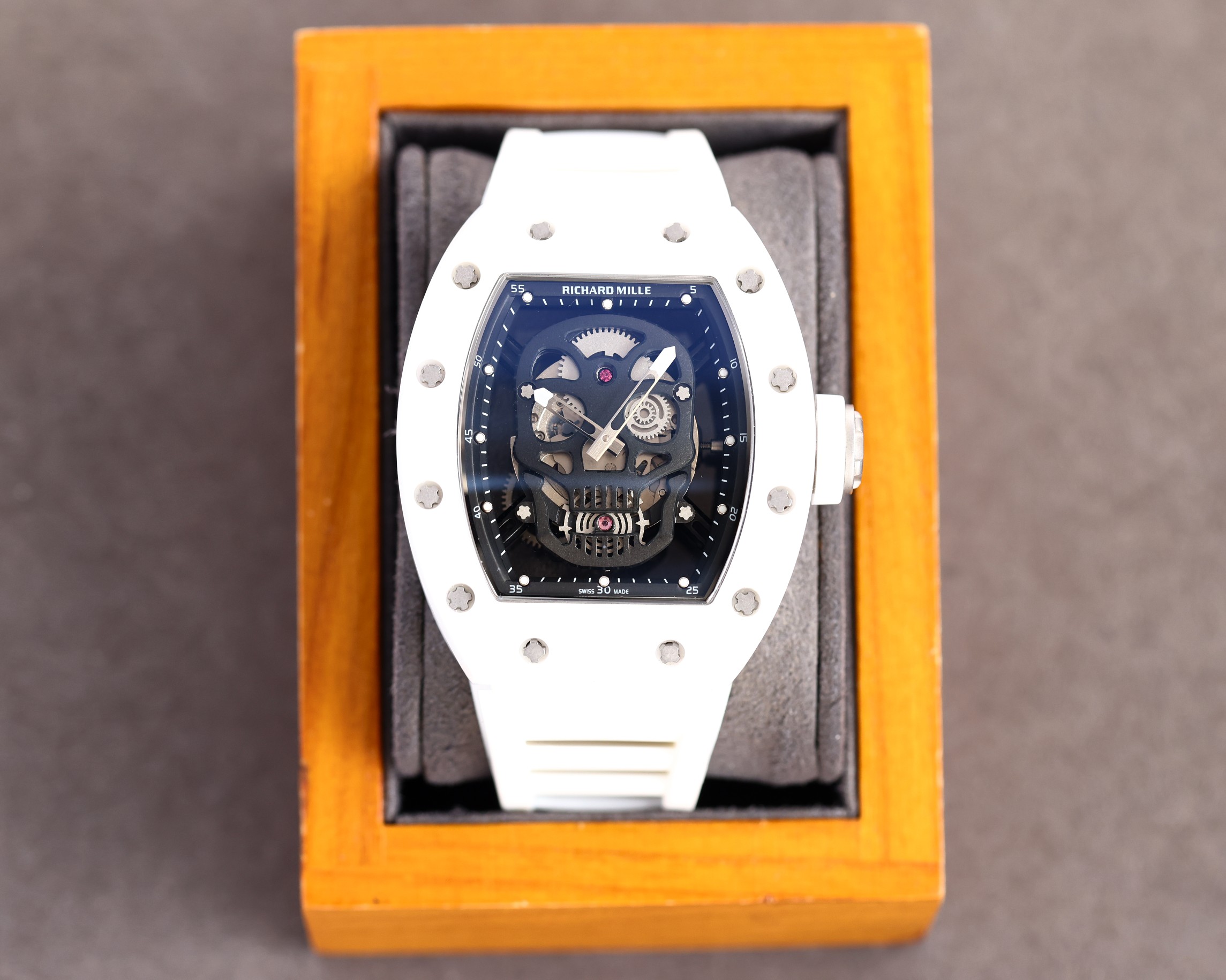 Richard Mille Skull Skeleton Tourbillon Watch (White Ceramic Case, White Rubber Strap)