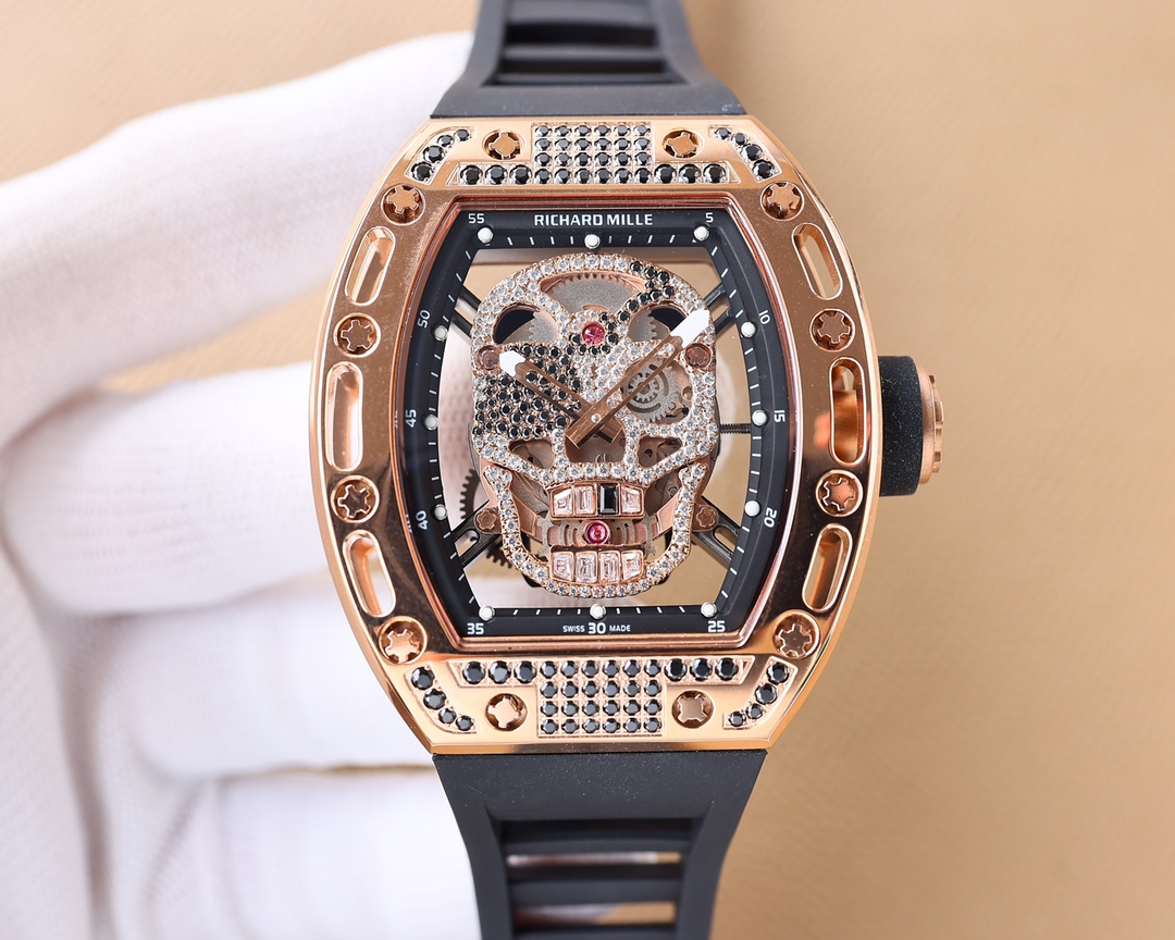 Richard Mille Gem - Embellished Skull Tourbillon Watch (18K Rose Gold Case with Black Diamond Detailing, Black Rubber Strap)