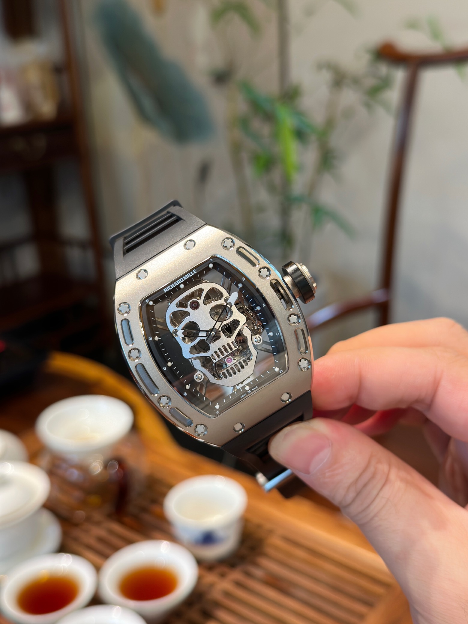Richard Mille Diamond - Accented Skull Skeleton Tourbillon Watch (Titanium Case, Black Rubber Strap)