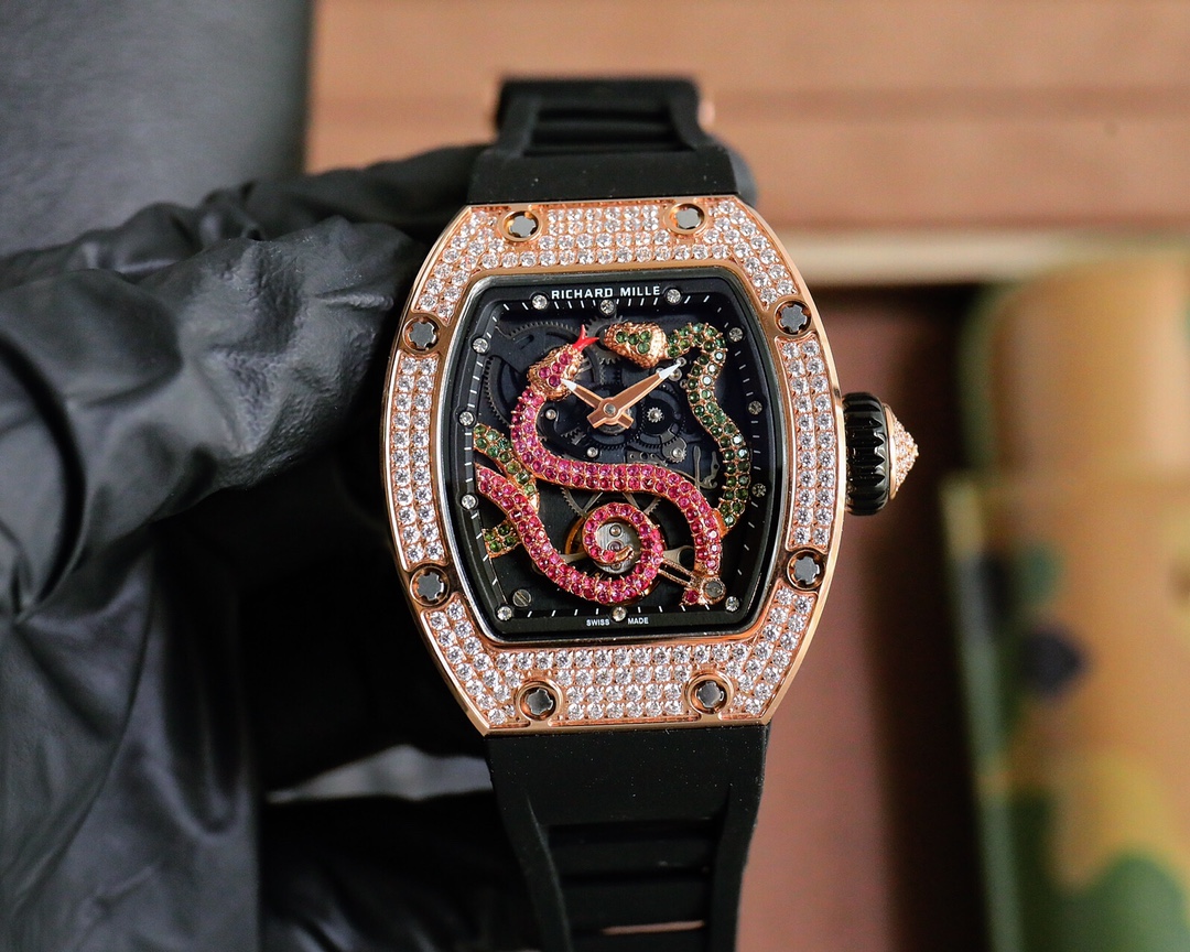 Richard Mille Gemstone Snake Tourbillon Watch (18K Rose Gold Diamond - Set Case, Black Rubber Strap)