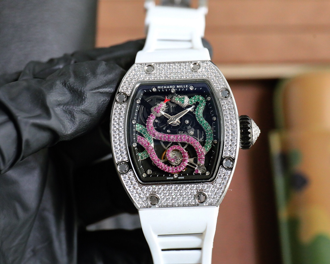 Richard Mille Diamond - Encrusted Gemstone Snake Tourbillon Watch (White Ceramic Case, White Rubber Strap)