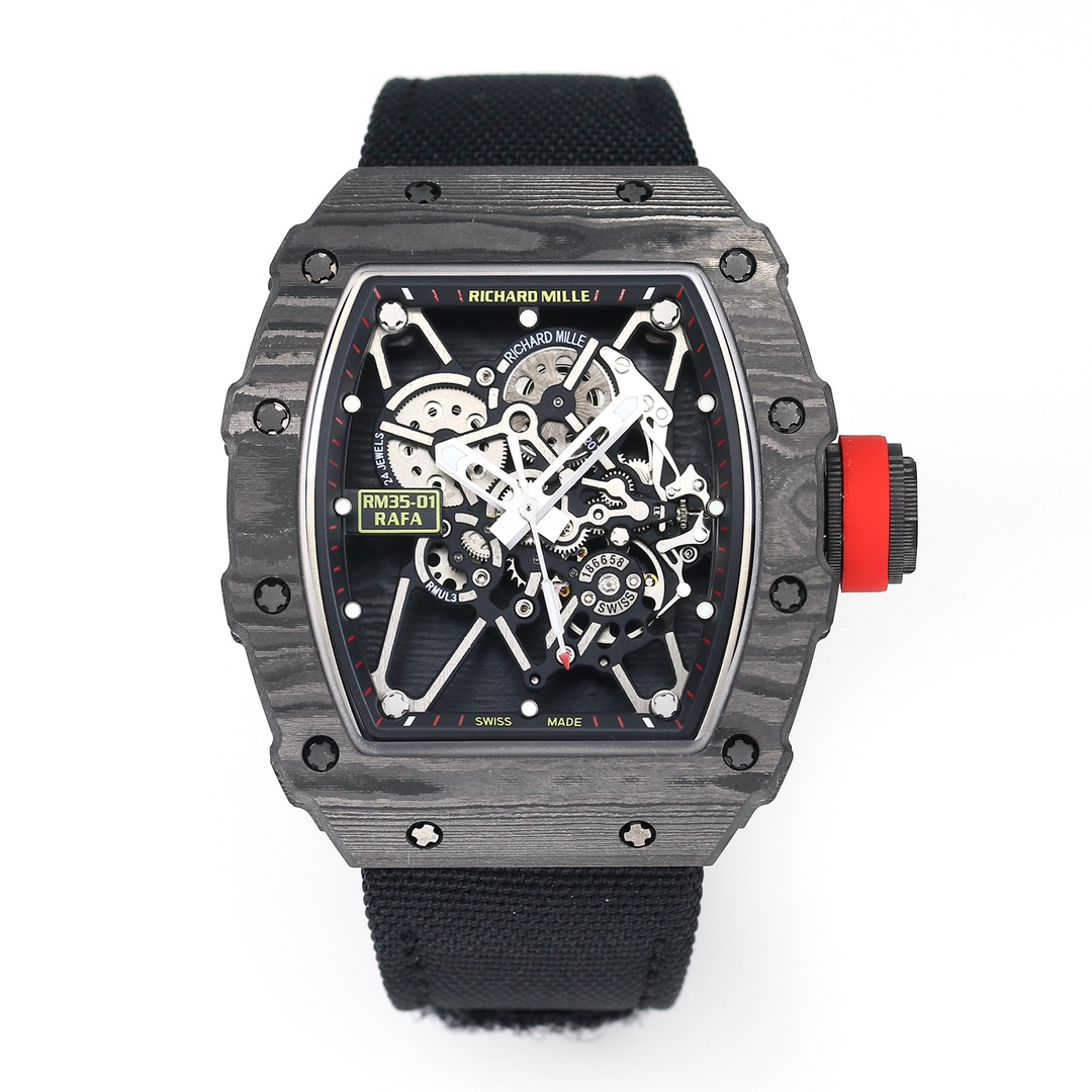 Richard Mille RM 35-01 Automatic Skeleton Watch (Black Carbon Composite Case, Black Fabric Strap)