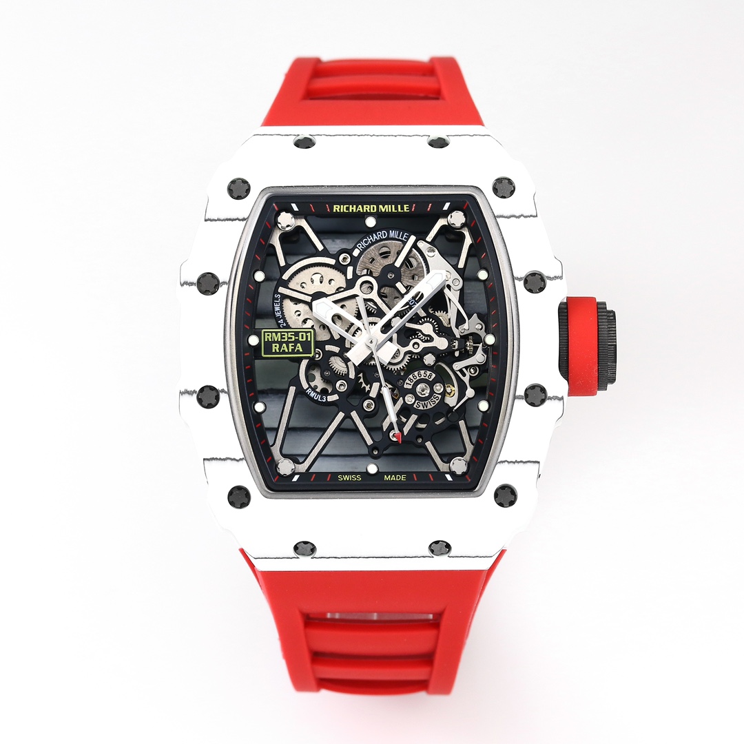 Richard Mille RM 35-01 Automatic Skeleton Watch (White Titanium Case, Red Rubber Strap)