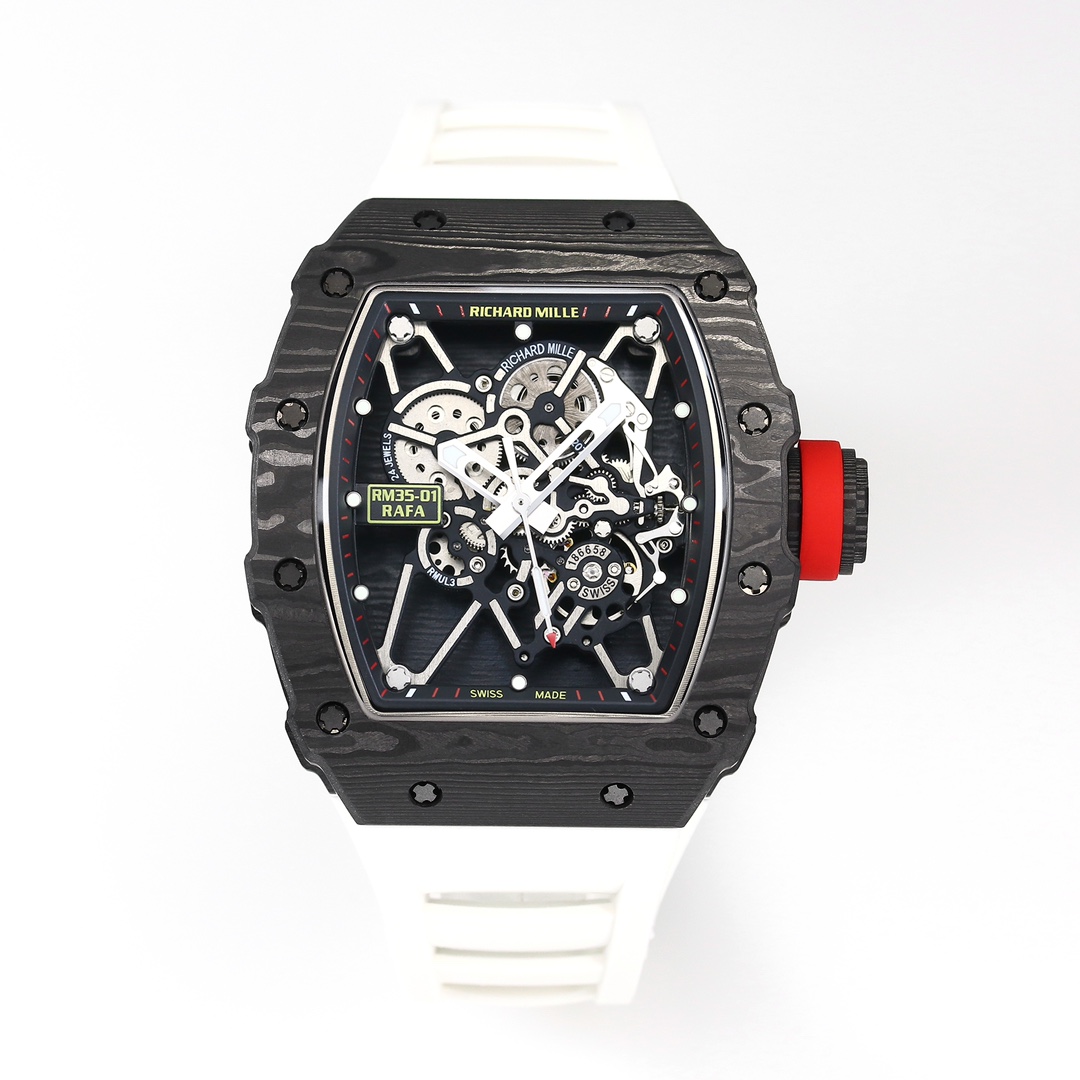 Richard Mille RM 35-01 Automatic Skeleton Watch (Black Carbon Composite Case, White Rubber Strap)